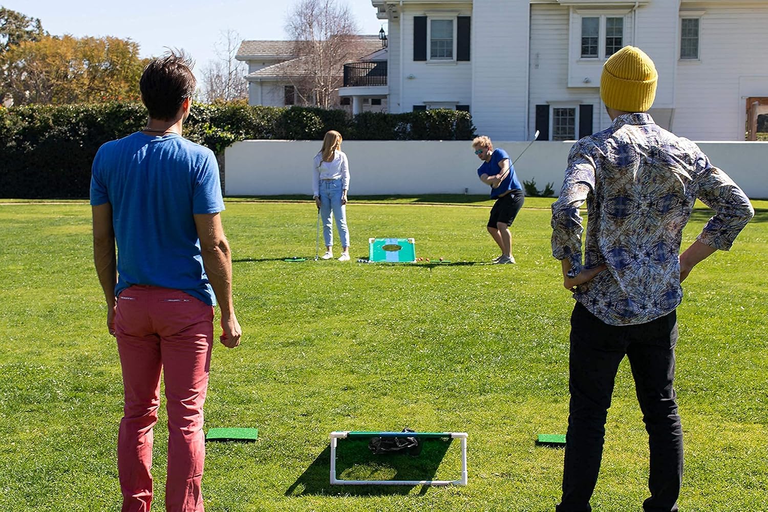 Cornhole Golf Chipping Set, Outdoor Yard Game, Real Golf Clubs ​included - Outside Backyard Fun ​for The Family, ​suitable​ For Adults ​and​ Kids - Gifts For Dads & Golfers - golf cornhole game : Sports & Outdoors