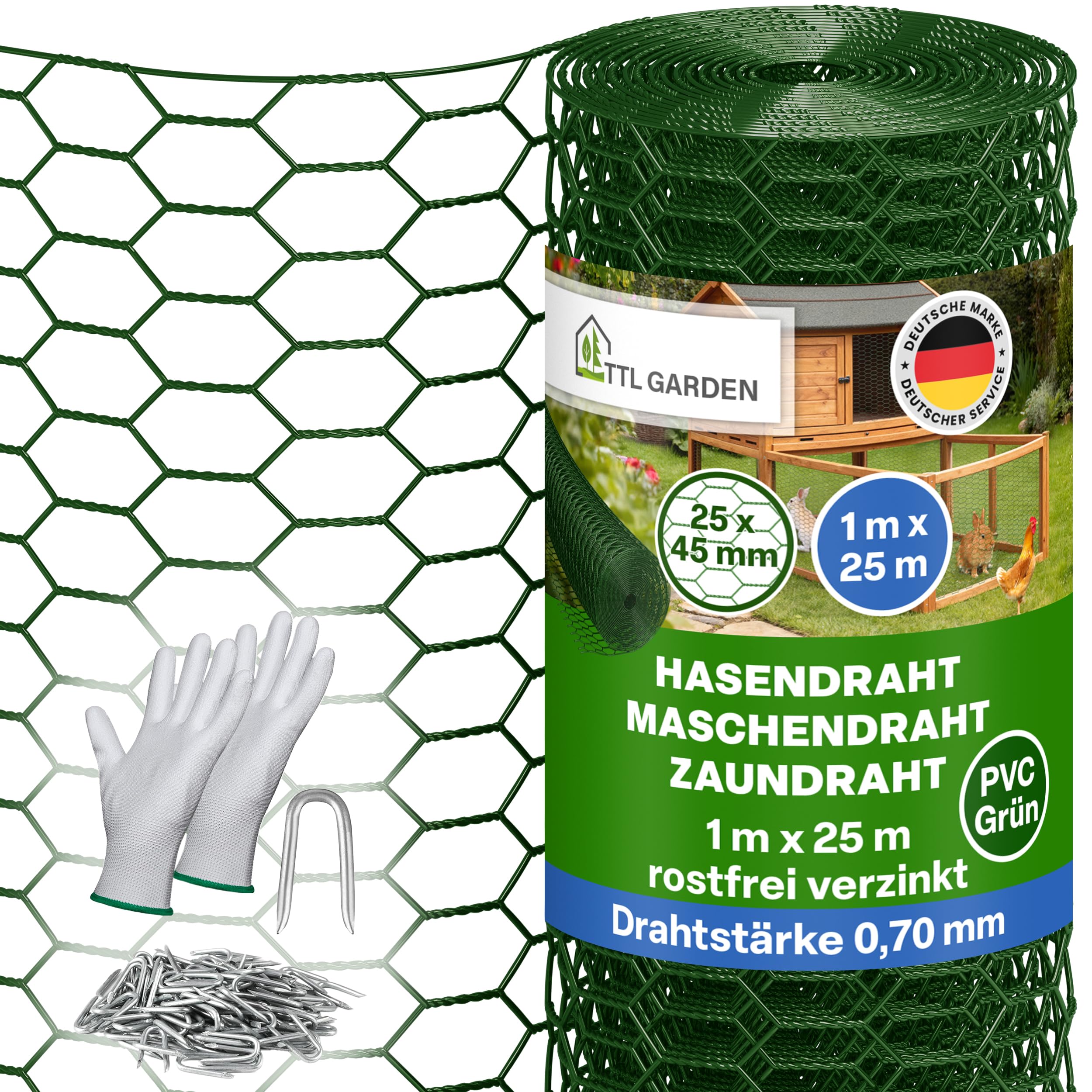 TTL GARDEN 1x25m Hasendraht 25x45mm Masche grün PVC beschichtet - rostfrei 0,70mm Draht Stärke Rolle feinmaschig Drahtgitter Kaninchendraht Zaun Gitter Maschendrahtzaun 25m x 1m breit grün