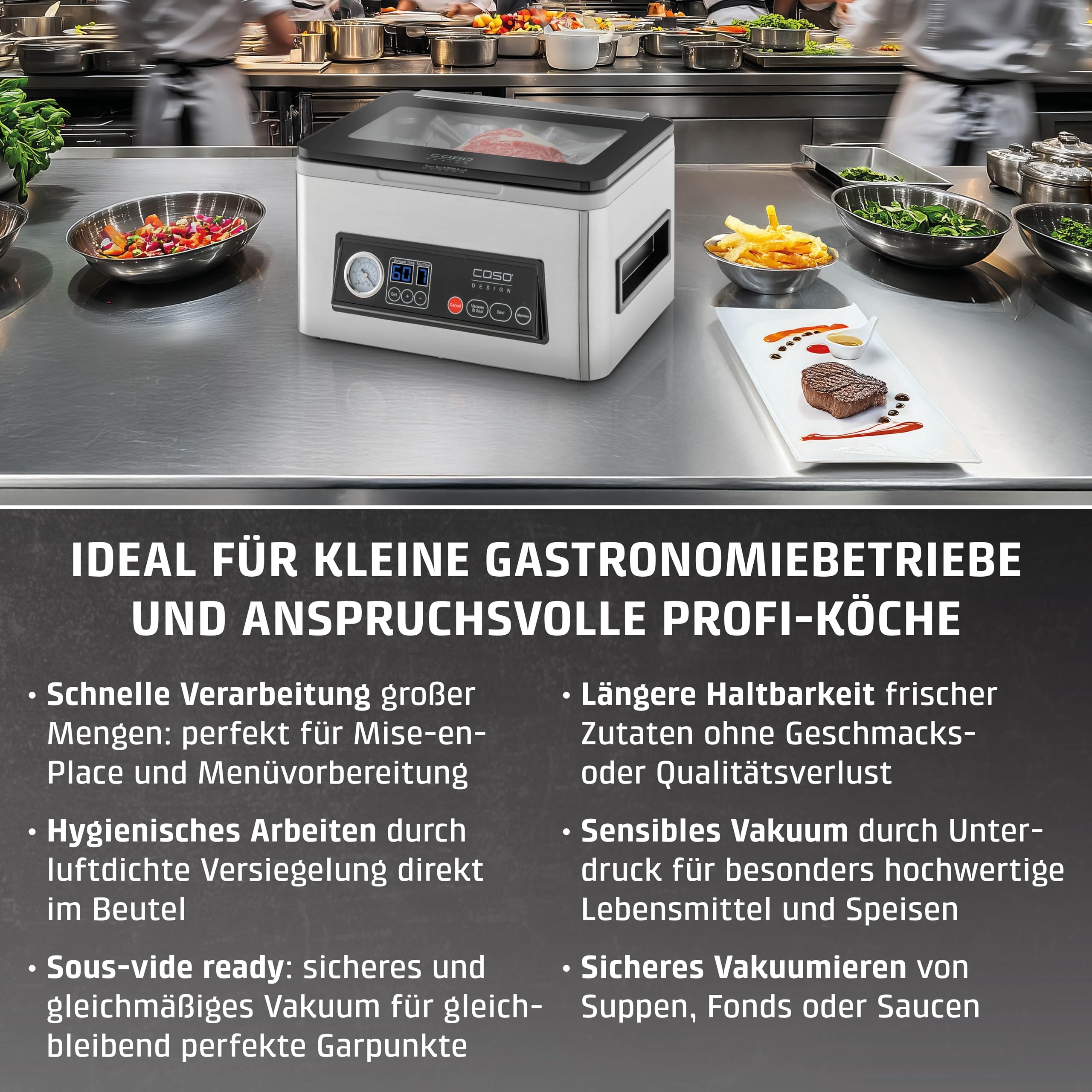 CASO VacuChef 700 - Kammervakuumierer, 8L Edelstahl, starke Profi-Vakuumpumpe 70 Liter/Minute, Temperglas-Deckel, für harte/weiche/trockene/flüssige Lebensmittel