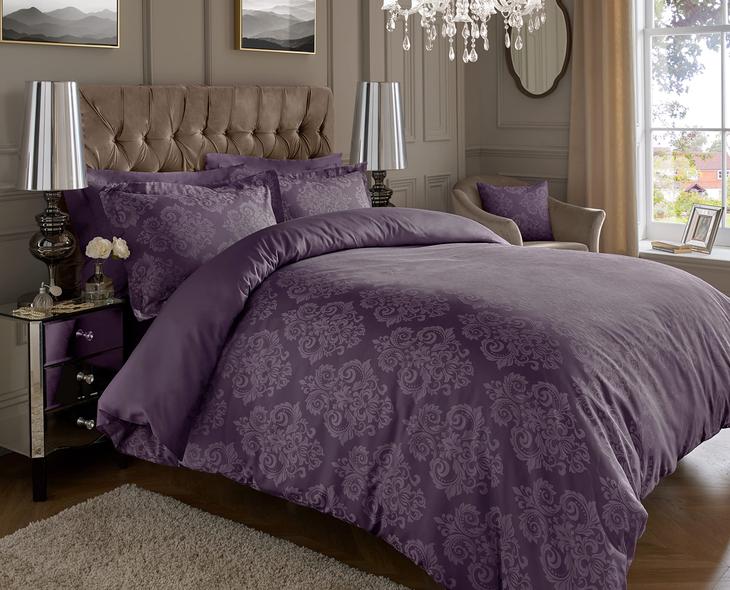 ED Luxury 600 Thread Count Jacquard Duvet Cover 3 Piece Set | Super Soft Cotton Rich & Warm Bedding | Damask Pattern Quilt Cover (Super King, Plum Damask)