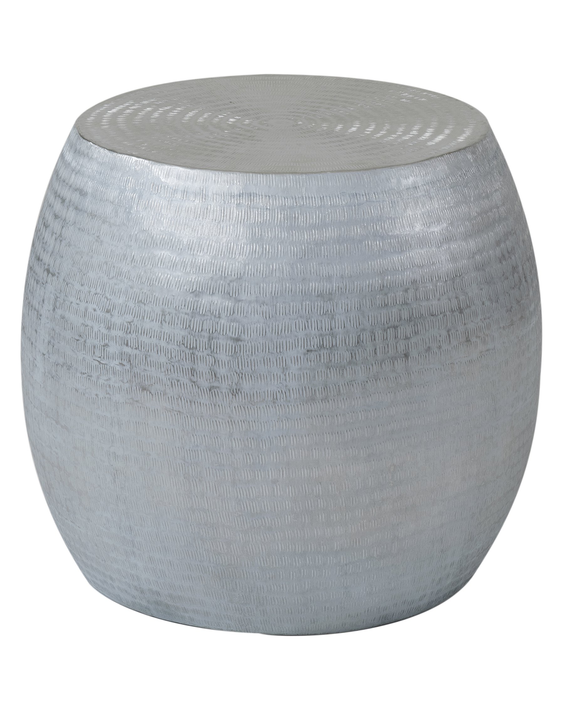 Melrose Industrial Barrel Aluminum Accent Table, Handcrafted Silver Metal Side Table (18"x18"x16") – Fully Assembled