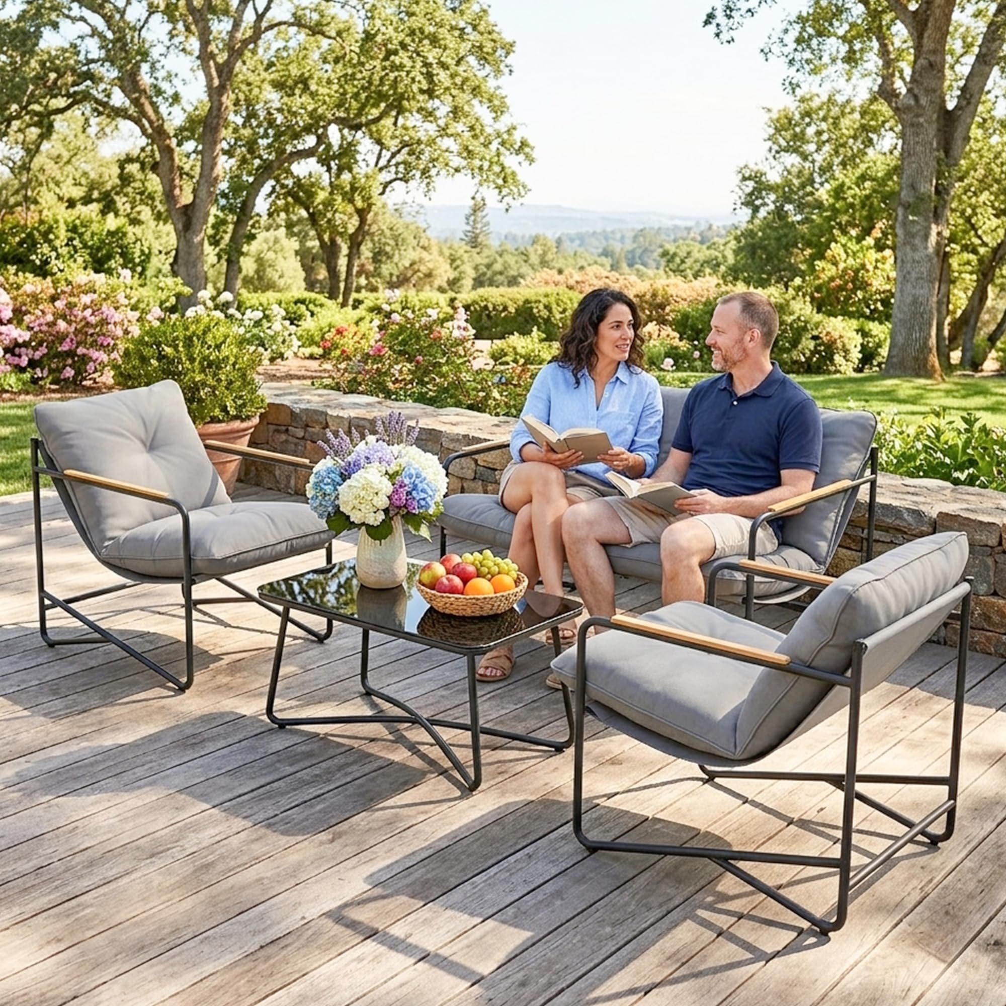 Outsunny Set Salotto da Giardino 4 Pezzi, Mobili da Esterno in Metallo con Divano 2 Posti, Poltrone e Tavolino in Vetro, Grigio Chiaro