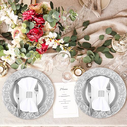 Miniatura 5 de Zhehao 50 unidades de platos antiguos a granel de 13 pulgadas con borde en relieve de plástico, platos redondos decorativos para cenas, bodas,