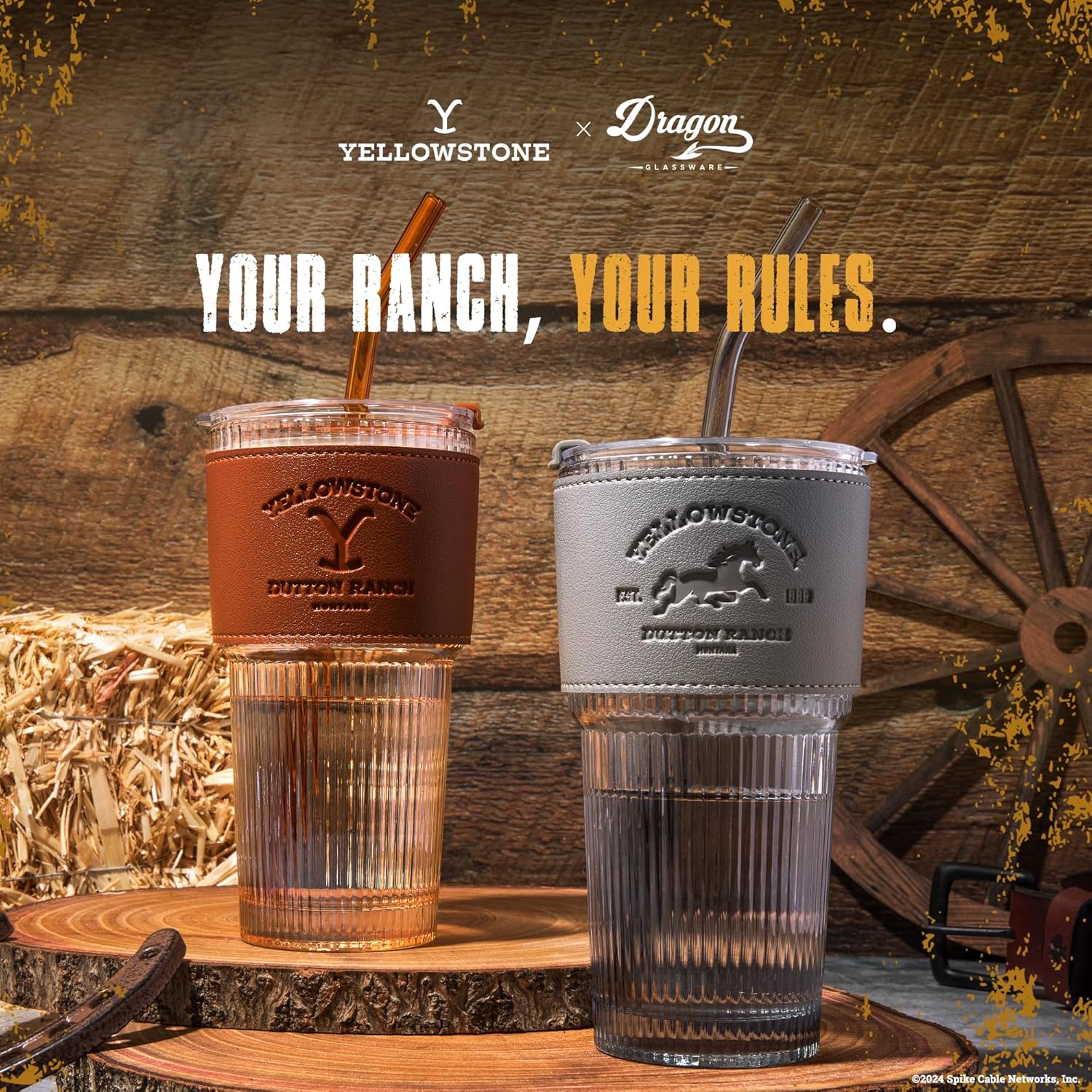Dragon Glassware x Yellowstone Drinking Glasses - 16 oz Glass Cups with Lids and Straws Set of 2 - Yellowstone Cup Set with Straws & Lids - Reusable Sipper Tumbler - Image 7