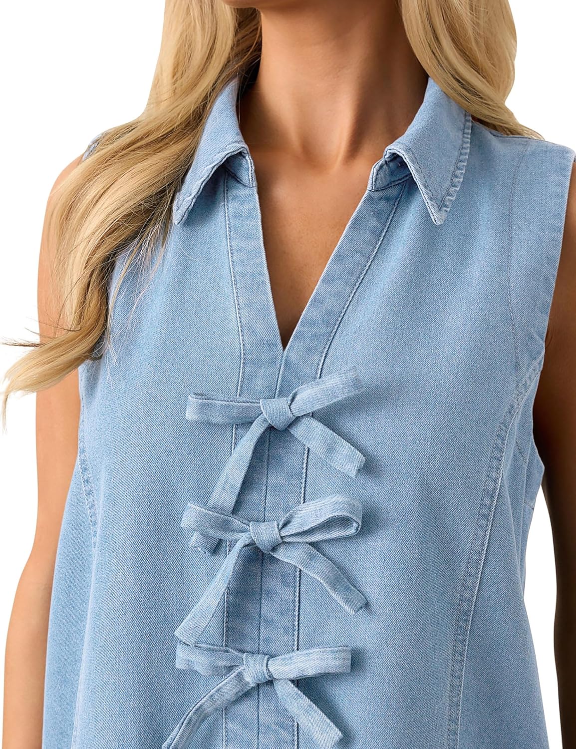 Denim Dress for Women Sleeveless Jean Dress V Neck A Line Bow Tie Front Casual Mini Dresses with Pockets - Image 5