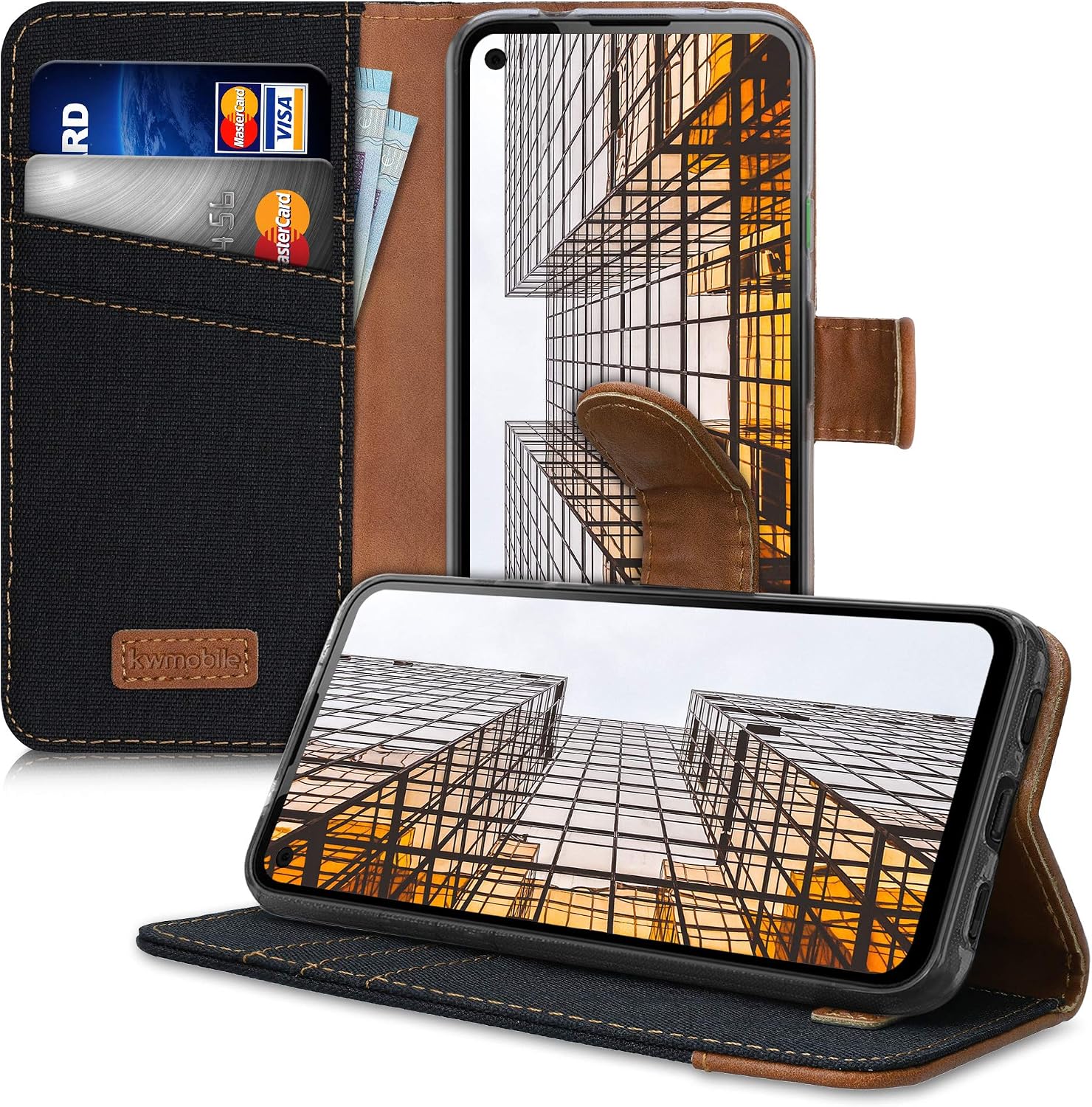 kwmobile Wallet Case Compatible with Google Pixel 4a - Case Fabric and Faux Leather Phone Flip Cover - Black/Brown