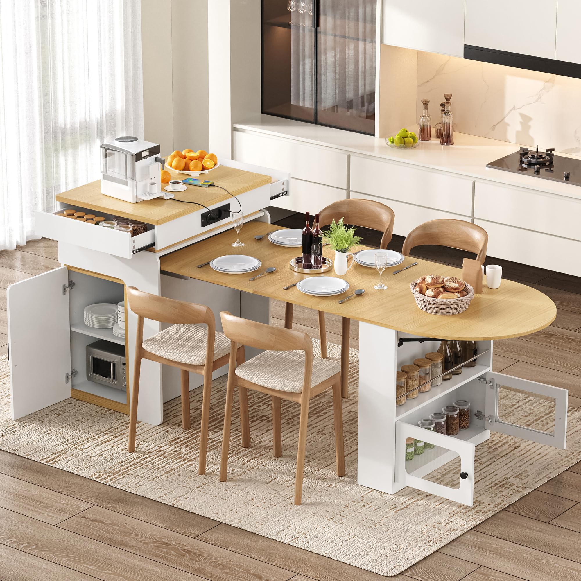 Isola da cucina con ruote, tavolo da pranzo allungabile, credenza con cassetti, credenza o tavolo da bar per cucina e sala da pranzo (bianco)