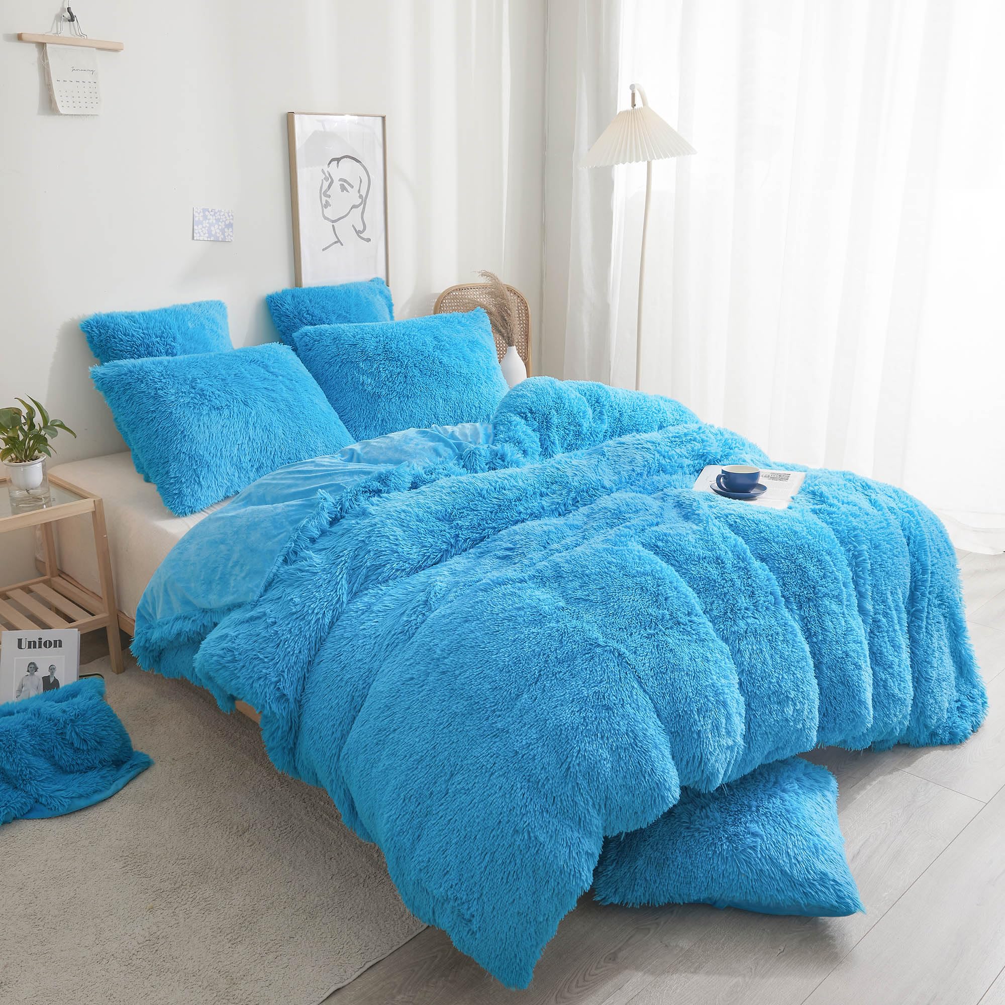 XeGe Plush Faux Fur Duvet Cover King Size, Luxury Shaggy Fluffy Blue Comforter Cover 1 PC, Soft Furry Fuzzy Velvet Bedding with Zipper Closure for