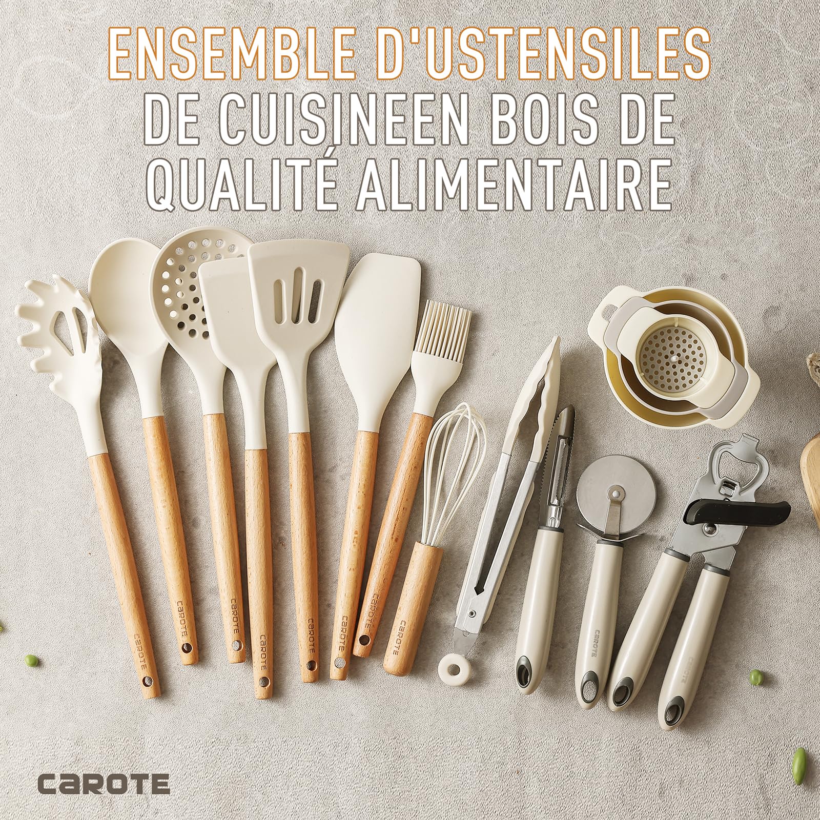 CAROTE Set de 16 Ustensiles de Cuisine Silicone Résistant à la Chaleur, Antiadhésive Anti-Rayures Cuisine Accessoires, Poignée anti-casse, Sans BPA, pour Toute la Famille