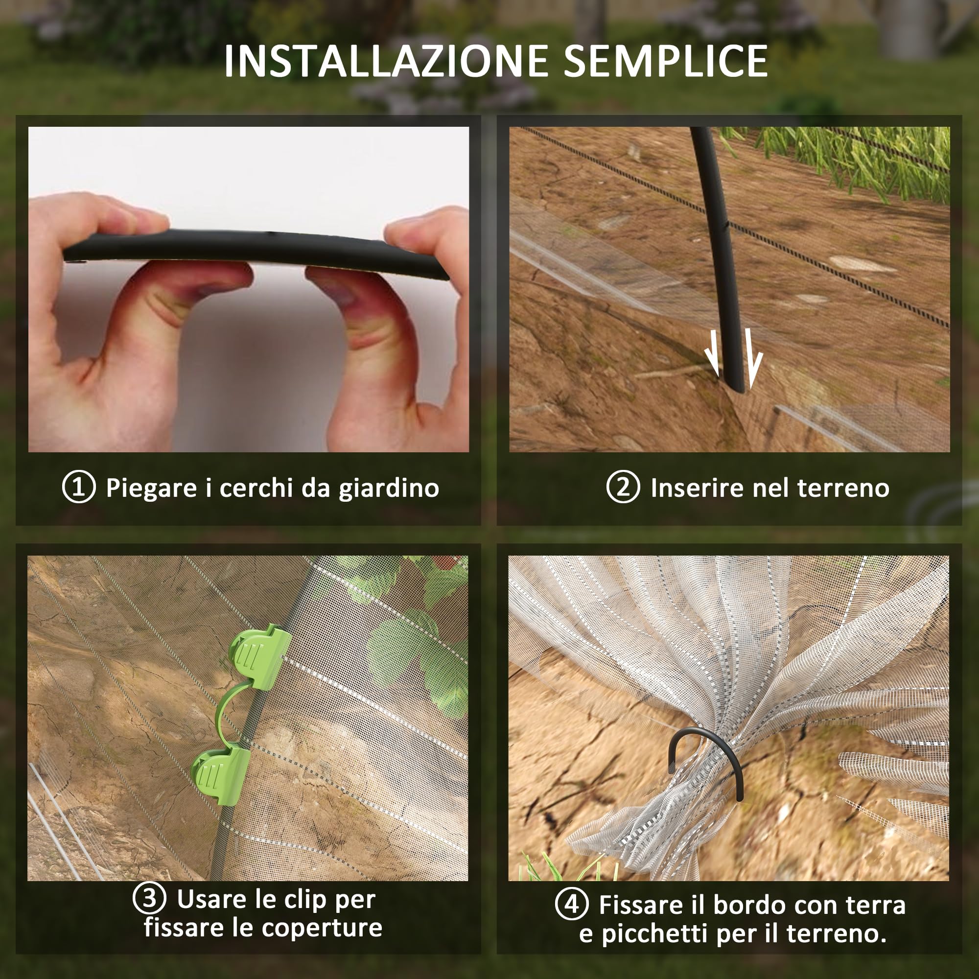 Outsunny Cerchi da Giardino per Serra, Archi per Serra Tunnel Orto con Copertura a Rete, Archetti Flessibili e Clip di Fissaggio, 200x80x41 cm, Bianco