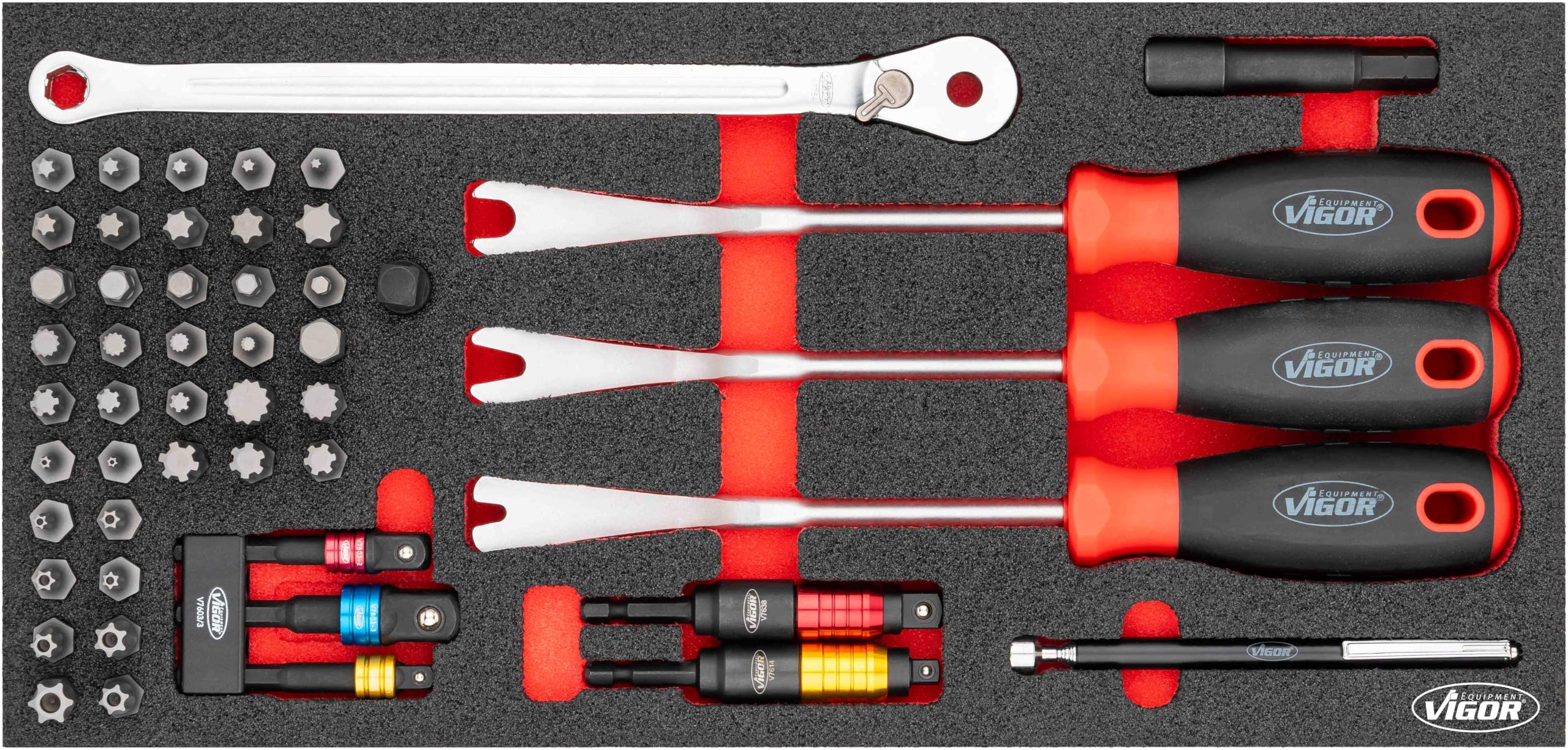 VIGOR Set di utensili V5090, modulo S 393 x 188 x 35 mm, set per lo sgancio delle clip, sollevatore magnetico, adattatore e chiave a cricchetto con punte