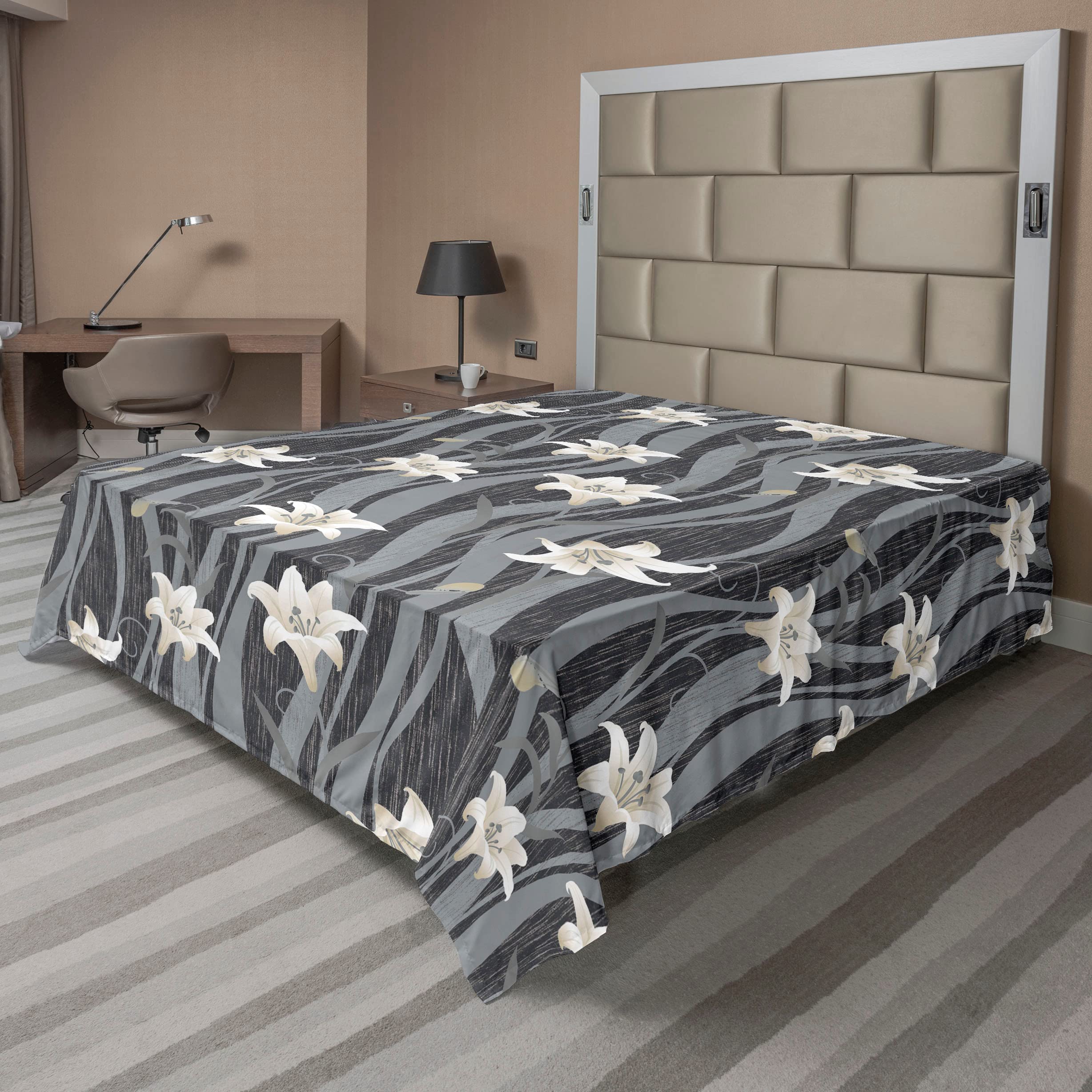 Ambesonne Nature Flat Sheet, Jungle Inspired Water Flower Drawing with Stripes on Weathered Backdrop, Soft Comfortable Top Sheet Decorative Bedding 1 Piece, Queen Size, Eggshell and Pale Grey