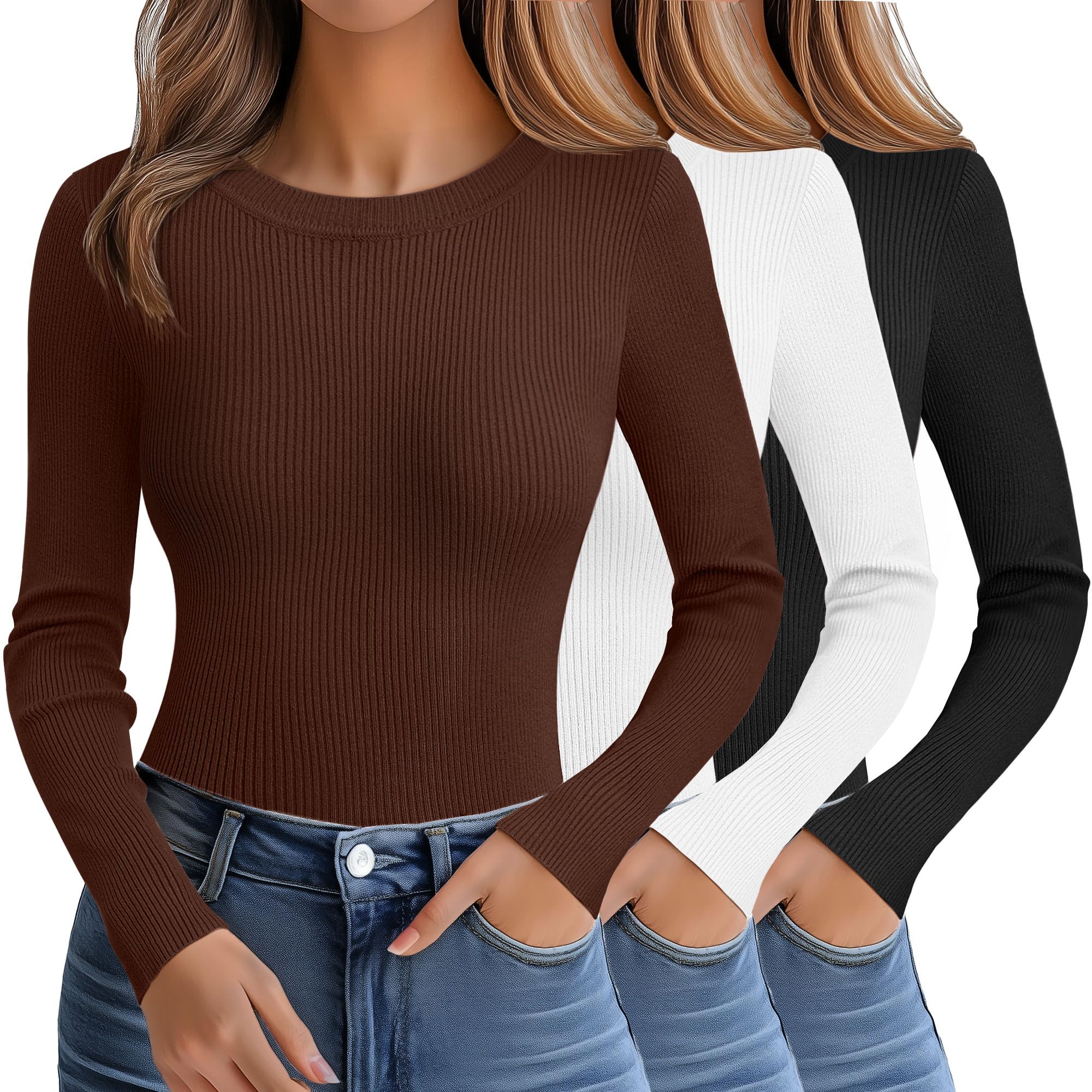 Ficerd 3 Pack Womens Sweaters Crewneck Long Sleeve Ribbed Knit Sweater Slim Fit Pullover Tops Basic Sweater