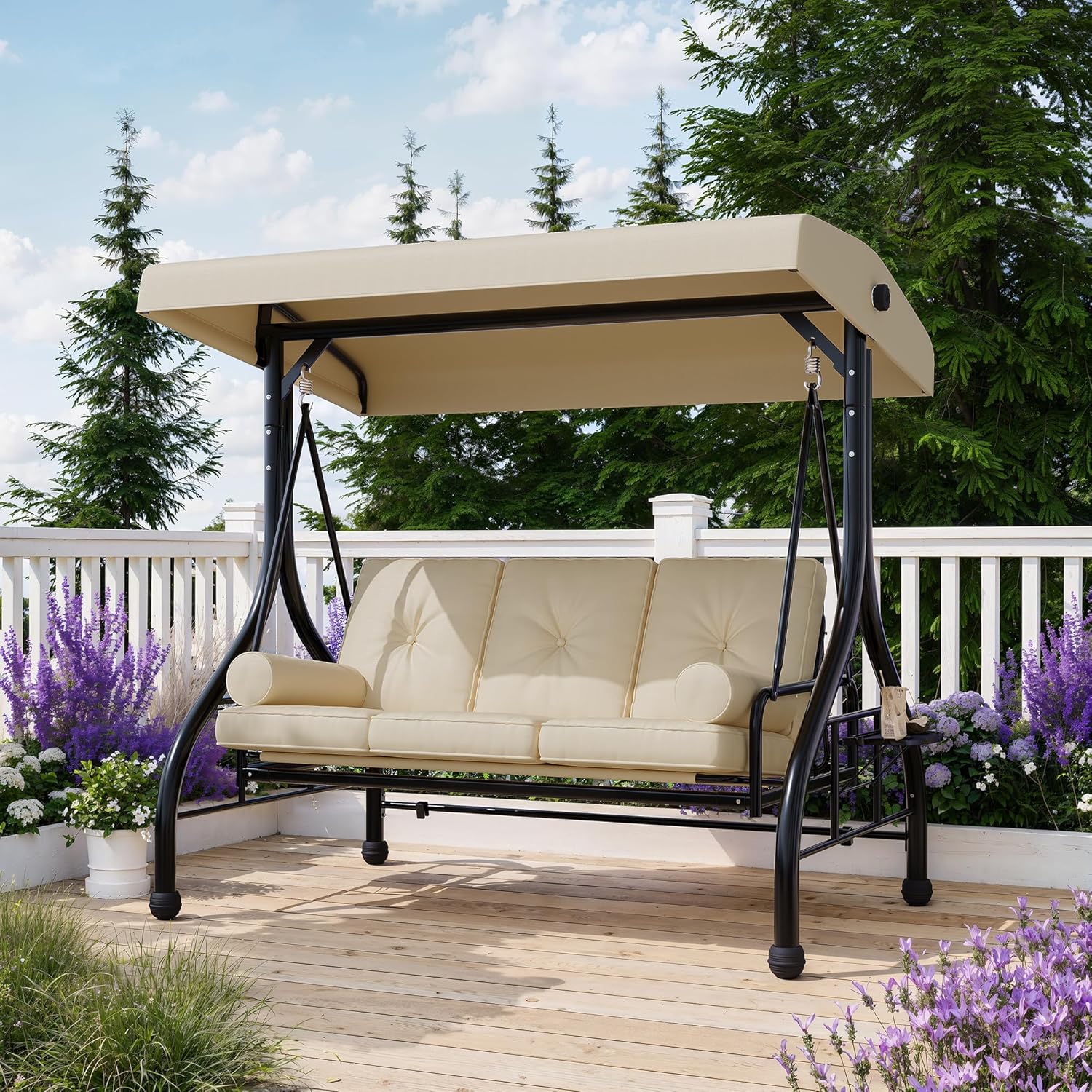 Outdoor Porch Swing with Adjustable Canopy, 3-Seat Patio Swing Chair with Stand, 800LBS Heavy Duty Outdoor Swing for Adults with Cup Holder Tray, Patio Swings with Canopy for Garden,Khaki (NO PILLOWS)