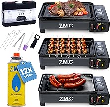 Z.M.C 2-in-1 tragbarer Campingkocher und Gasgrill Klein inkl. Grillzubehör Set und Koffer + 12x Gaskartuschen 227g, Balkon Tischgrill Gaskocher 2,2 kW mit LPG-Anschluss für Camping, Outdoor und indoor