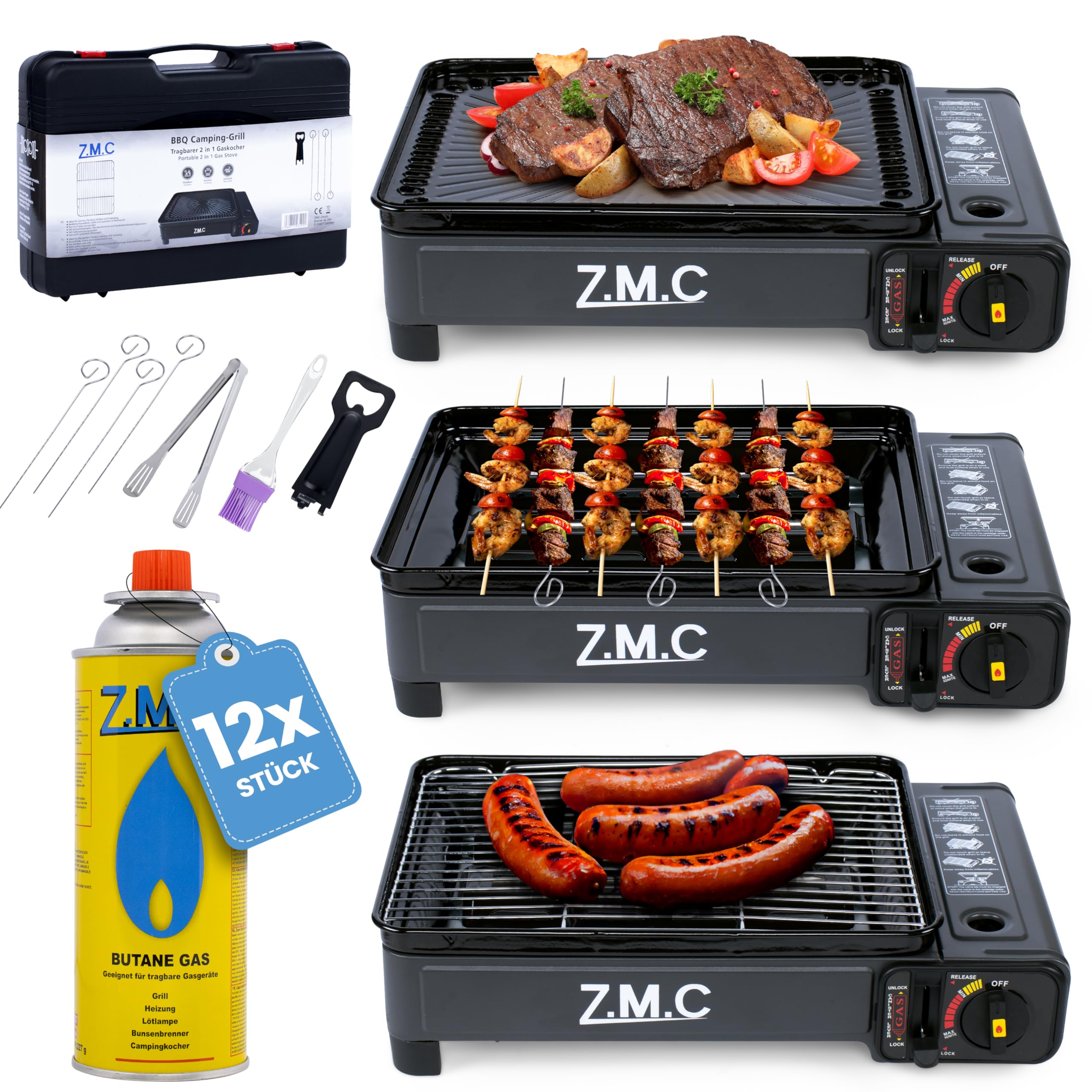 Z.M.C 2-in-1 tragbarer Campingkocher und Gasgrill Klein inkl. Grillzubehör Set und Koffer + 12x Gaskartuschen 227g, Balkon Tischgrill Gaskocher 2,2 kW mit LPG-Anschluss für Camping, Outdoor und indoor