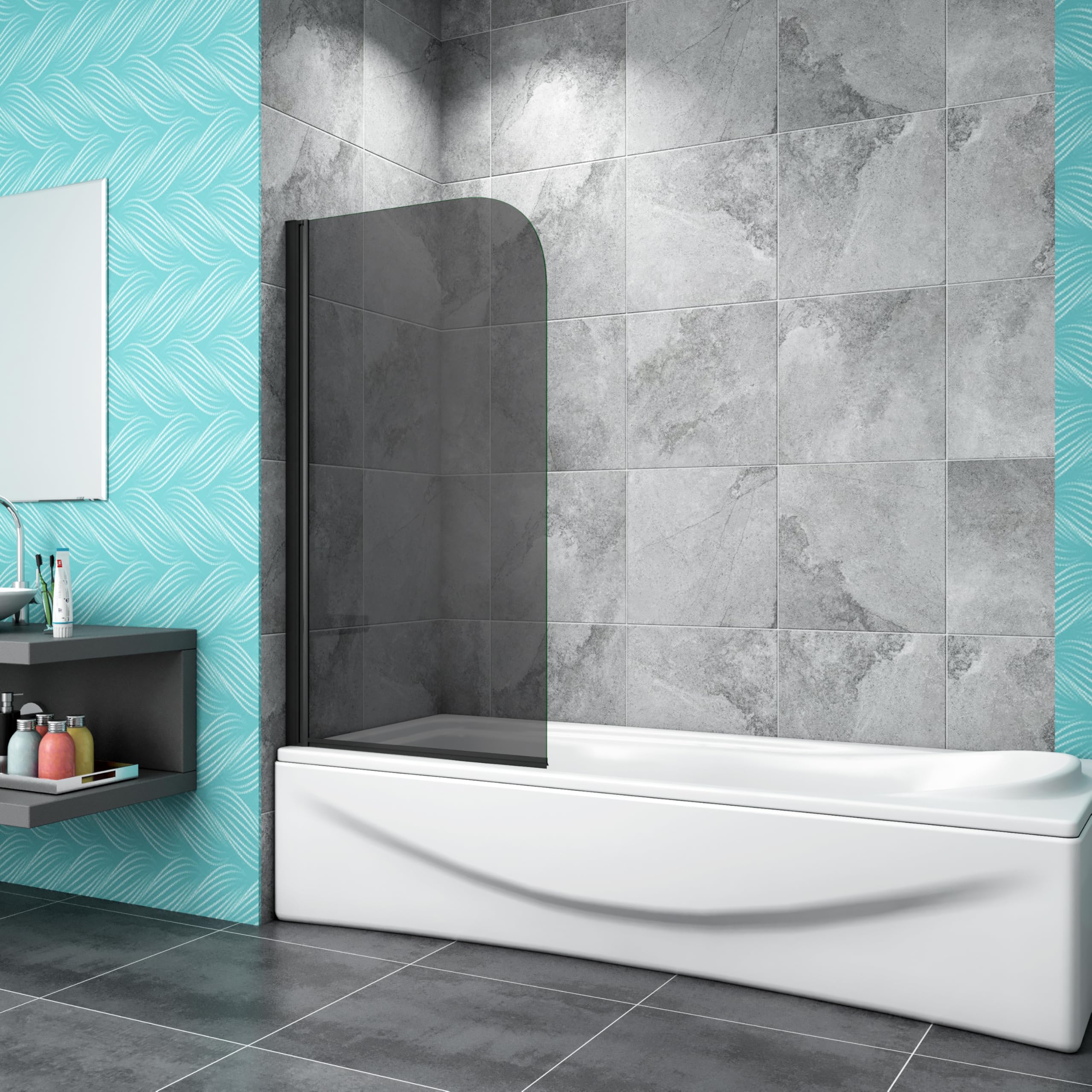 Sline Sanitary Matt Black Pivot Frame Dark Grey Bath Shower Screen Tempered Glass 800X1400mm