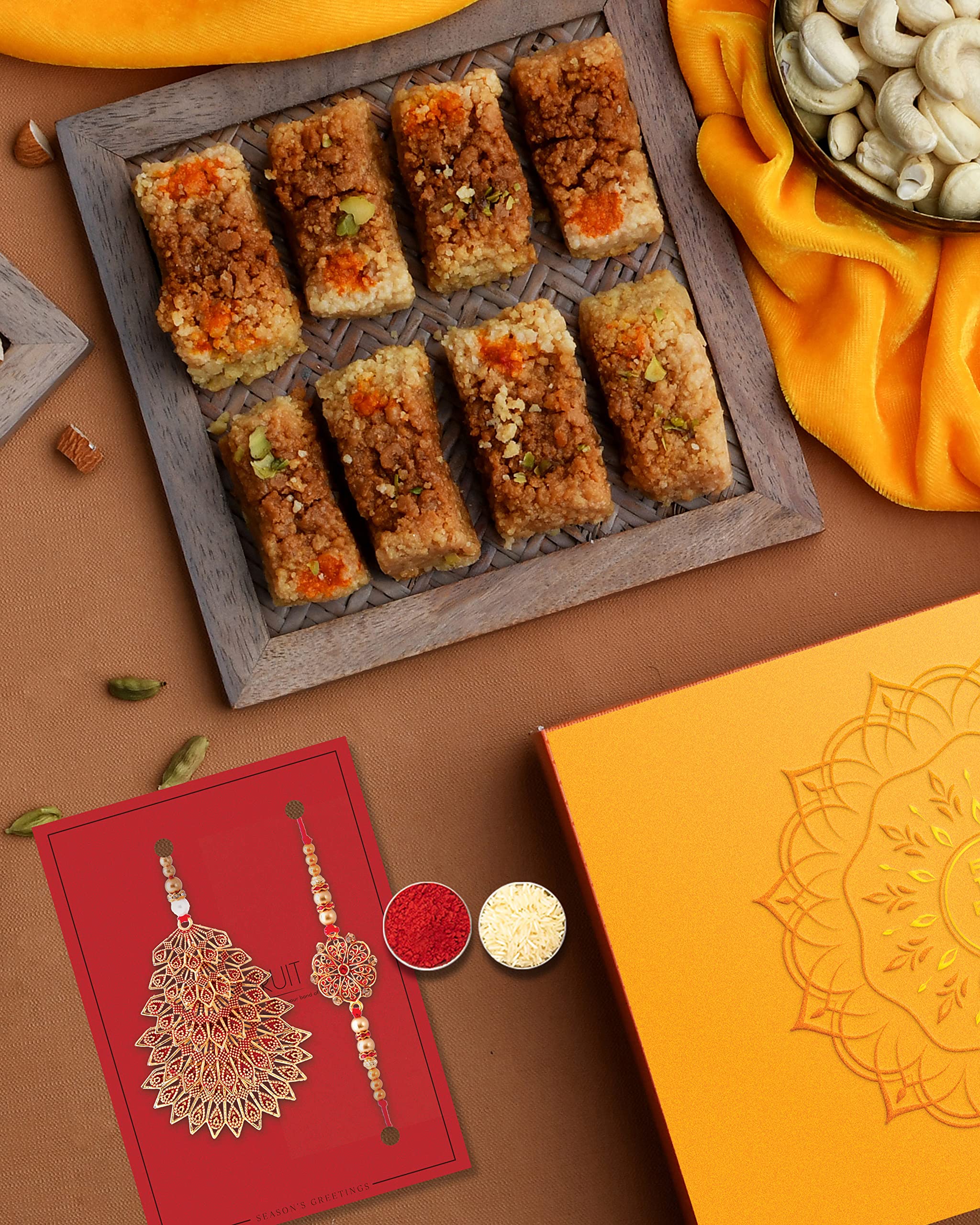 Rakhi for brother and bhabhi with sweets Alwar Milk Cake 400 Grams by The House Of Treats� Premium Red Rakhi for Brother and Bhabhi combo Rakhi gift for brother with sweets Rakhi Combo Pack-image-28