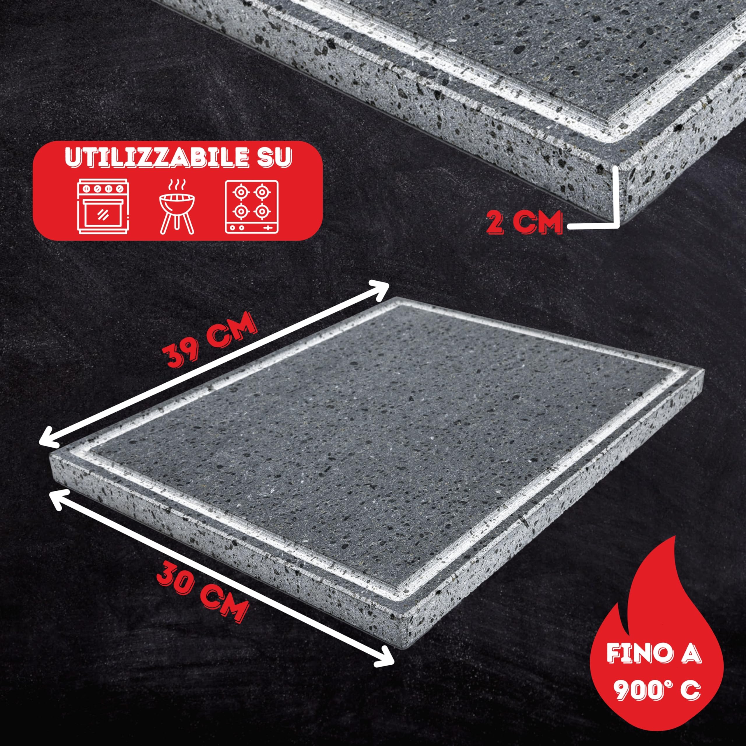 CUORE LAVICO - PIASTRA REFRATTARIA IN PIETRA LAVICA PER BARBECUE 39X30X2 CM CON SCANALATURA - COTTURA NATURALE MIGLIORE PIETRA OLLARE OTTIMA PER CARNE PESCE E VERDURE