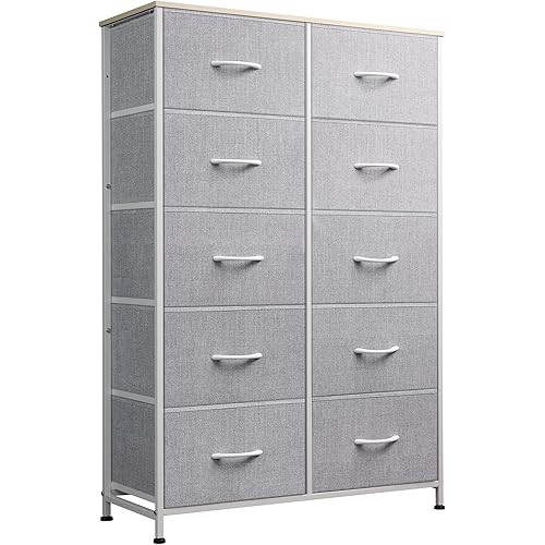 WLIVE Tall Dresser for Bedroom with 10 Drawers, Chest of Drawers, Dressers Bedroom Furniture, Storage Organizer Unit with Fabric Bins for Closet, Hallway, Living Room, Entryway, Light Grey