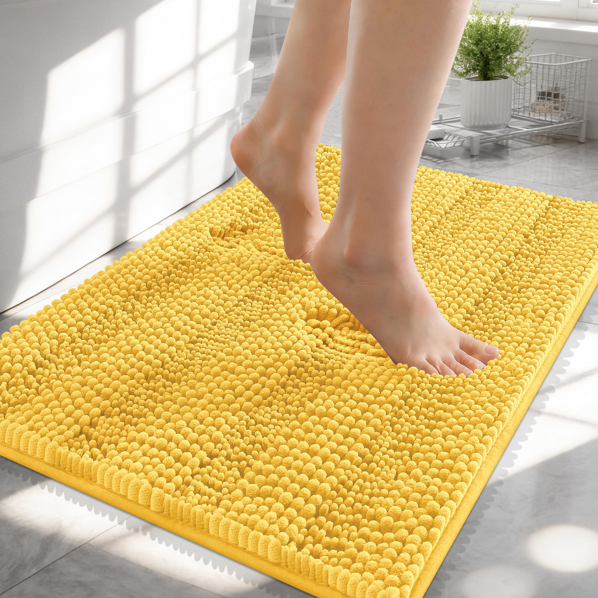 OLANLY Thick Small Bathroom Rugs 24x16, Soft Chenille Bath Rugs, Yellow