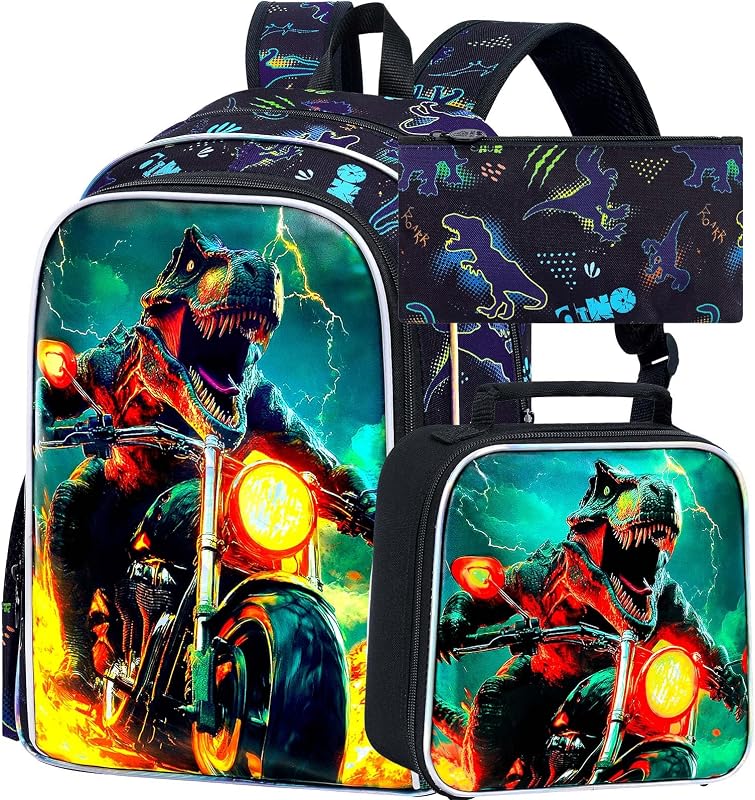 KLFVB 3PCS Dinosaur Preschool Backpack Set, Water Resistant 16" Bookbag for Boys with Lunch Box - Motorcycle Dinosaur