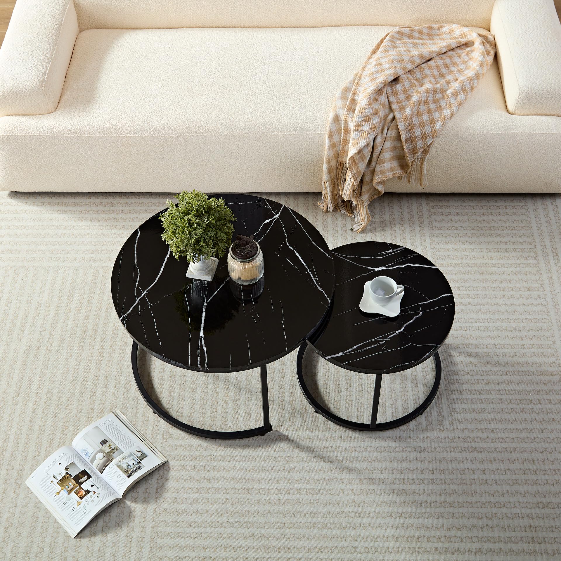 Home Heaven® Set van 2 ronde salontafels, marmer, wit, met goud, voor de woonkamer, 70 cm, diameter 50 cm
