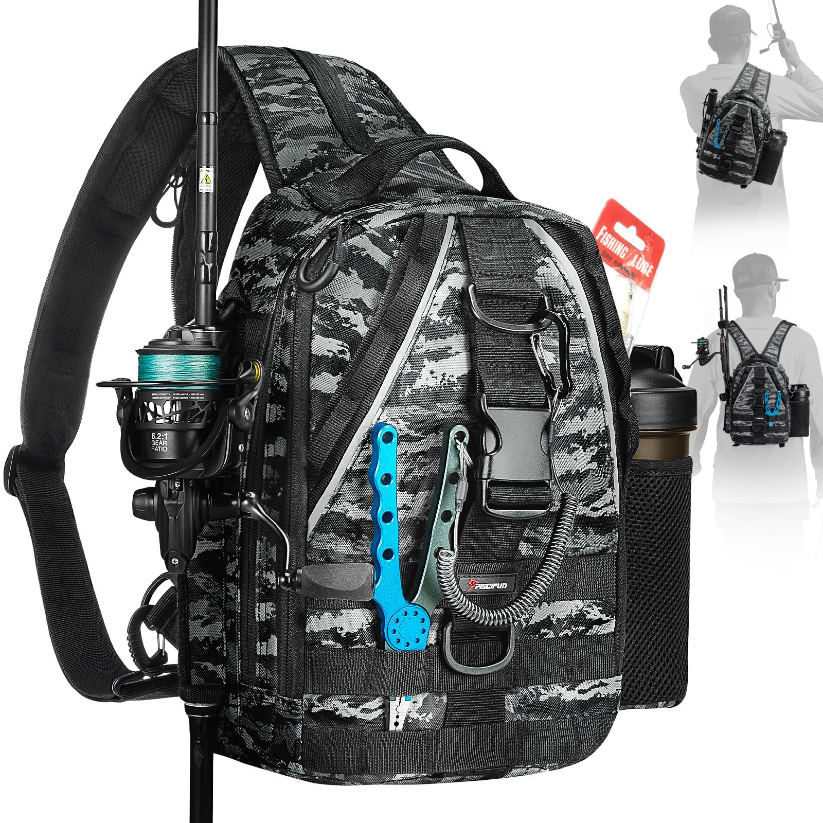 Piscifun Fishing Backpack, Rod Holders, Lightweight Sling Bag, Black Camo