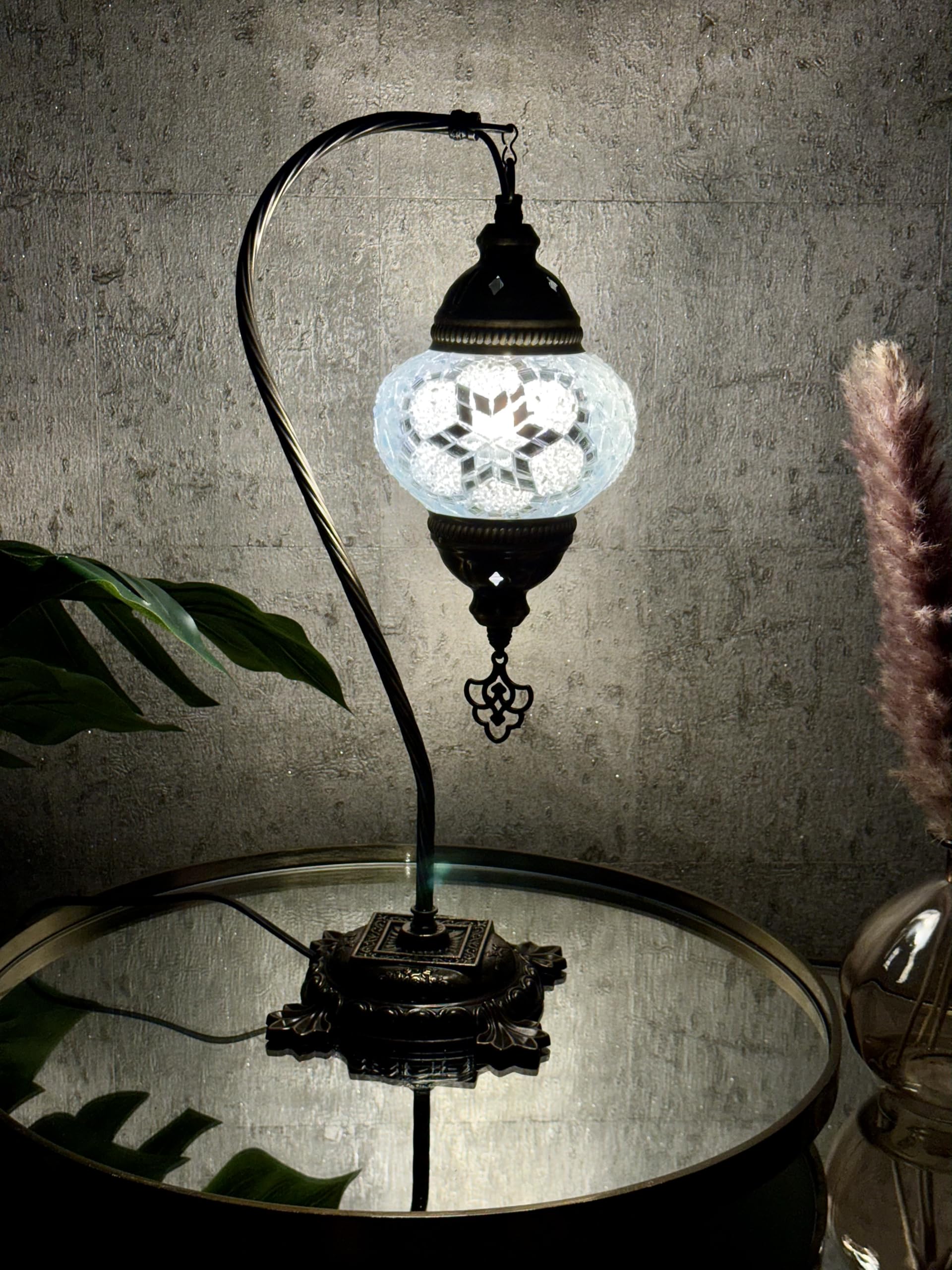 Lightza Handmade Turkish Moroccan Mosaic Desk Lamp LED Bulb | Swan Neck Unique Globe Lampshade Table Light | UK Tested Safe Energy Efficient (White Big Star) — image 1