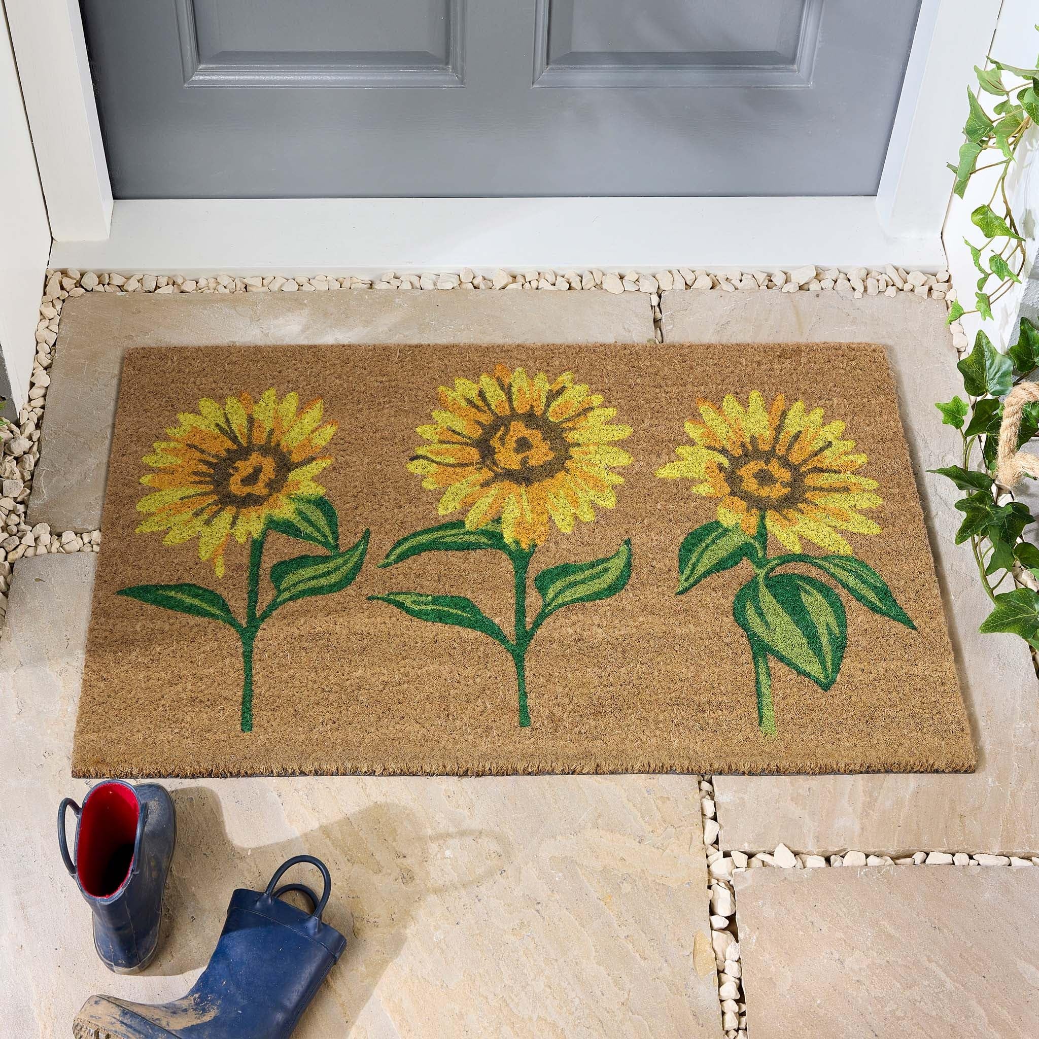 Coir Door Mat for Doorway, Home Entry, Balcony, Garden, Dirt Trapper Entrance Indoor Outdoor Non-Slip Absorbent Welcome Mat Natural Doormat in 45 x 75 cm (Multi Sunflowers)