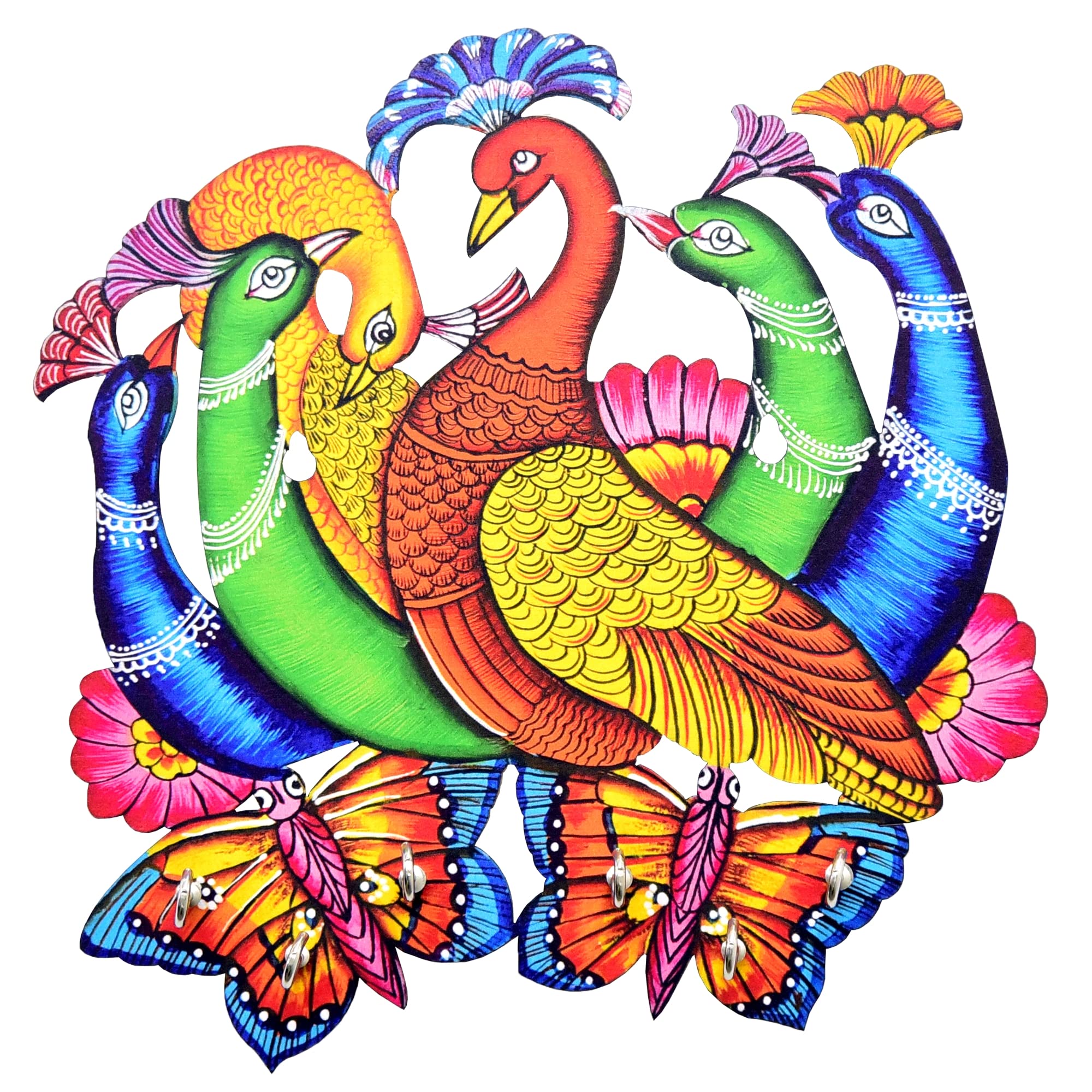 Webelkart Wysokiej jakości drewniany uchwyt na klucze z nadrukiem "Peacock Family" do dekoracji biura i biura | uchwyt na klucze do domu | paw uchwyt na klucze do domu (22,5 cm, 6 haczyków)