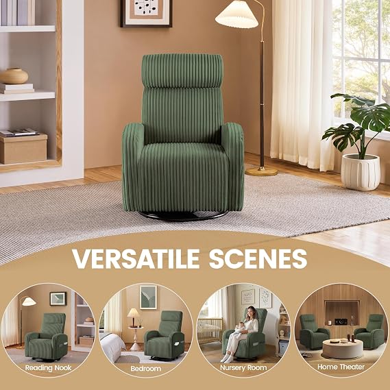 Yaheetech 360 Swivel Glider Chair for Nursery, Rocking Chair Nursing Chair with Side Pockets, Corduroy Glider for Living Room with High Back Dark Green