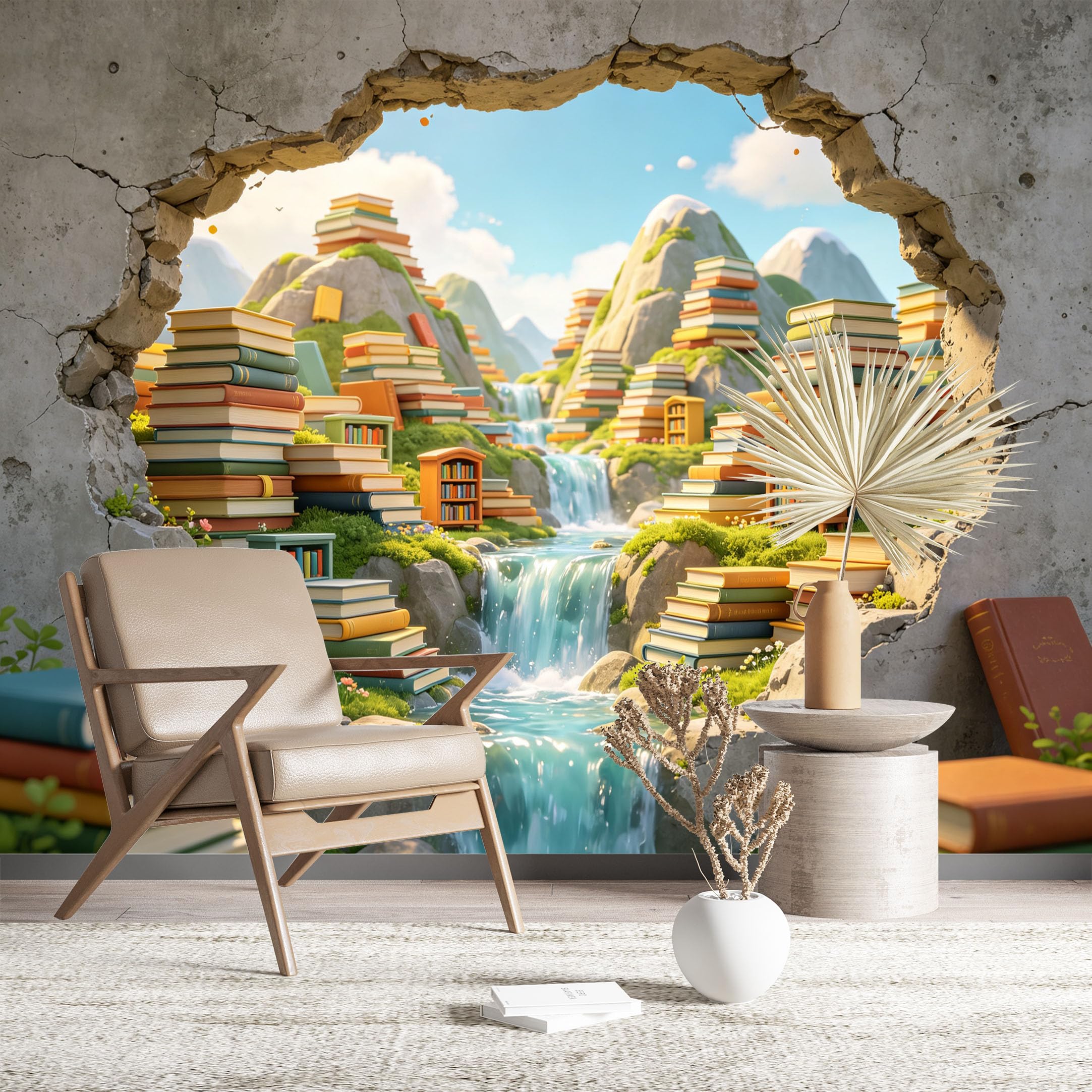 Custom Size Wall Murals Fantasy Book Mountain Landscape Seen Through Cracked Wall HD Self-Adhesive Wall Fabric (NO PVC) Removable Wallpaper for Living Room Bedroom