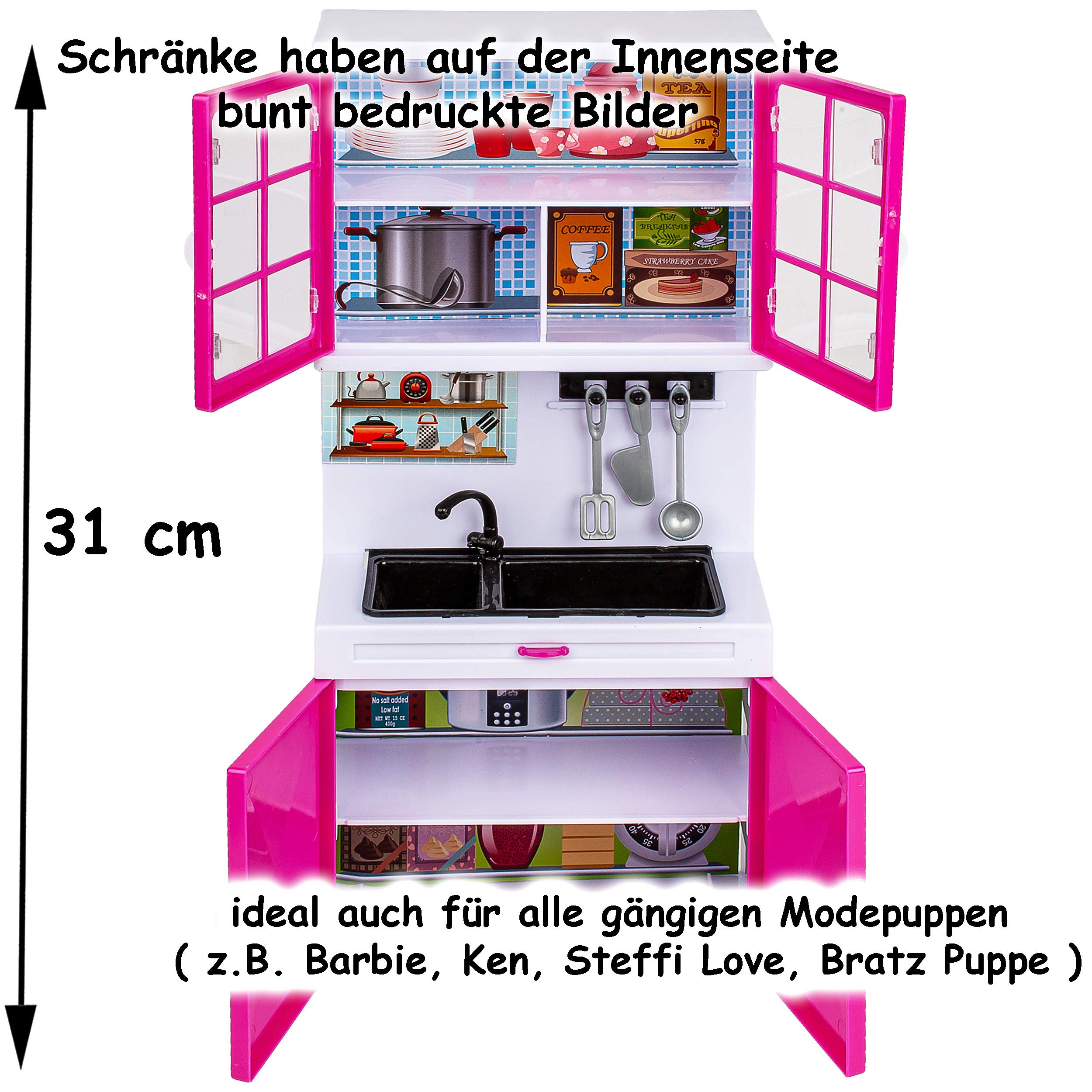 alles-meine.de GmbH Puppenhaus Möbel - Sound & Licht - 31 cm groß - Backofen + Herd + Geschirrspüler + Mikrowelle + Spüle - mit Zubehör - Miniatur Puppenstube Küche - passend für..
