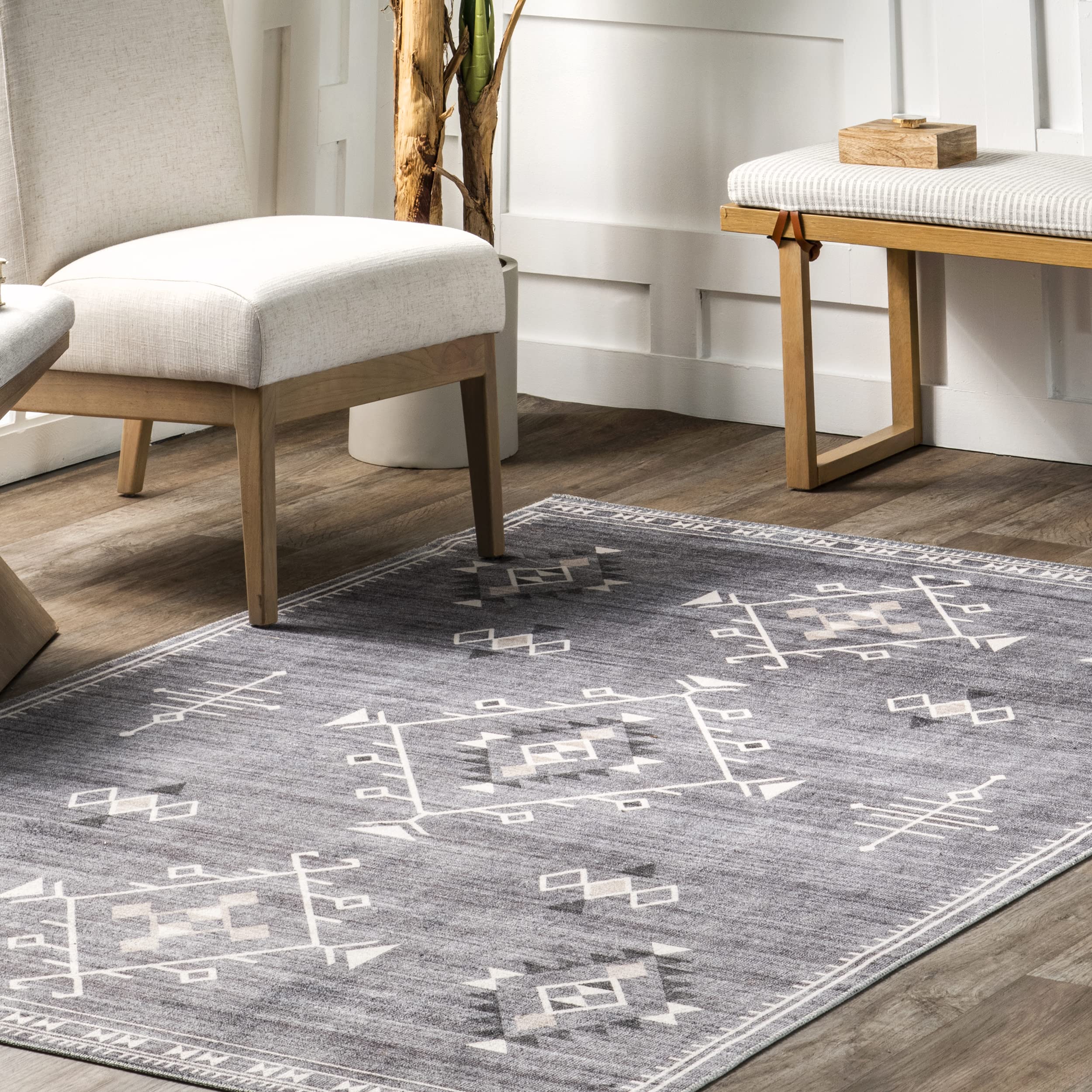 nuLOOM Evalyn Southwestern Machine Washable Ultra Thin Area Rug, 8' x 10', Grey