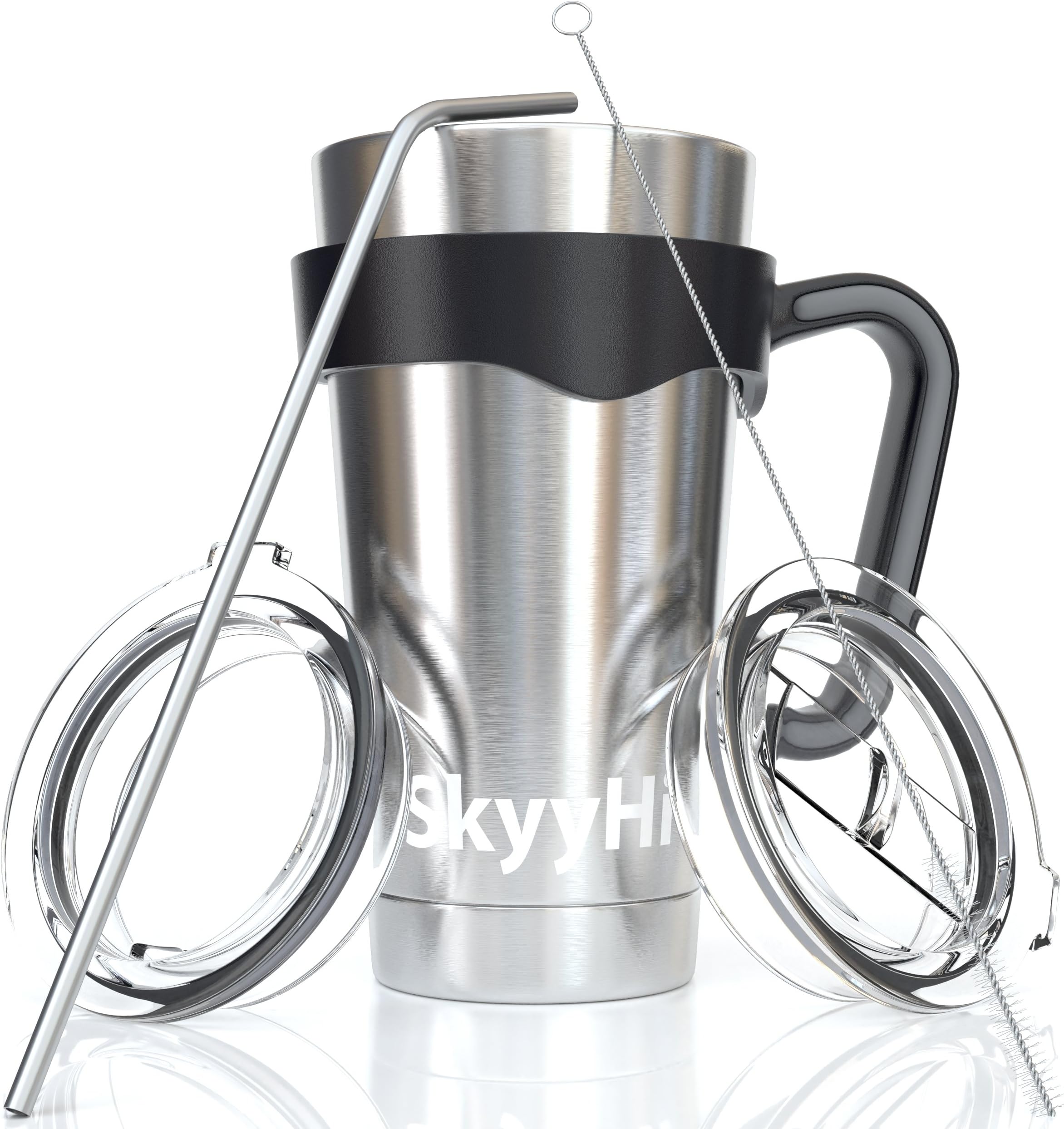 6-Piece Stainless Steel Vacuum Insulated Tumbler Set (20 oz or 30 oz Tumblers), Tea Cup or Coffee Travel Mug with Handle, 2 Lids, Straw & Brush - Double Wall Insulation for Hot & Cold Drinks