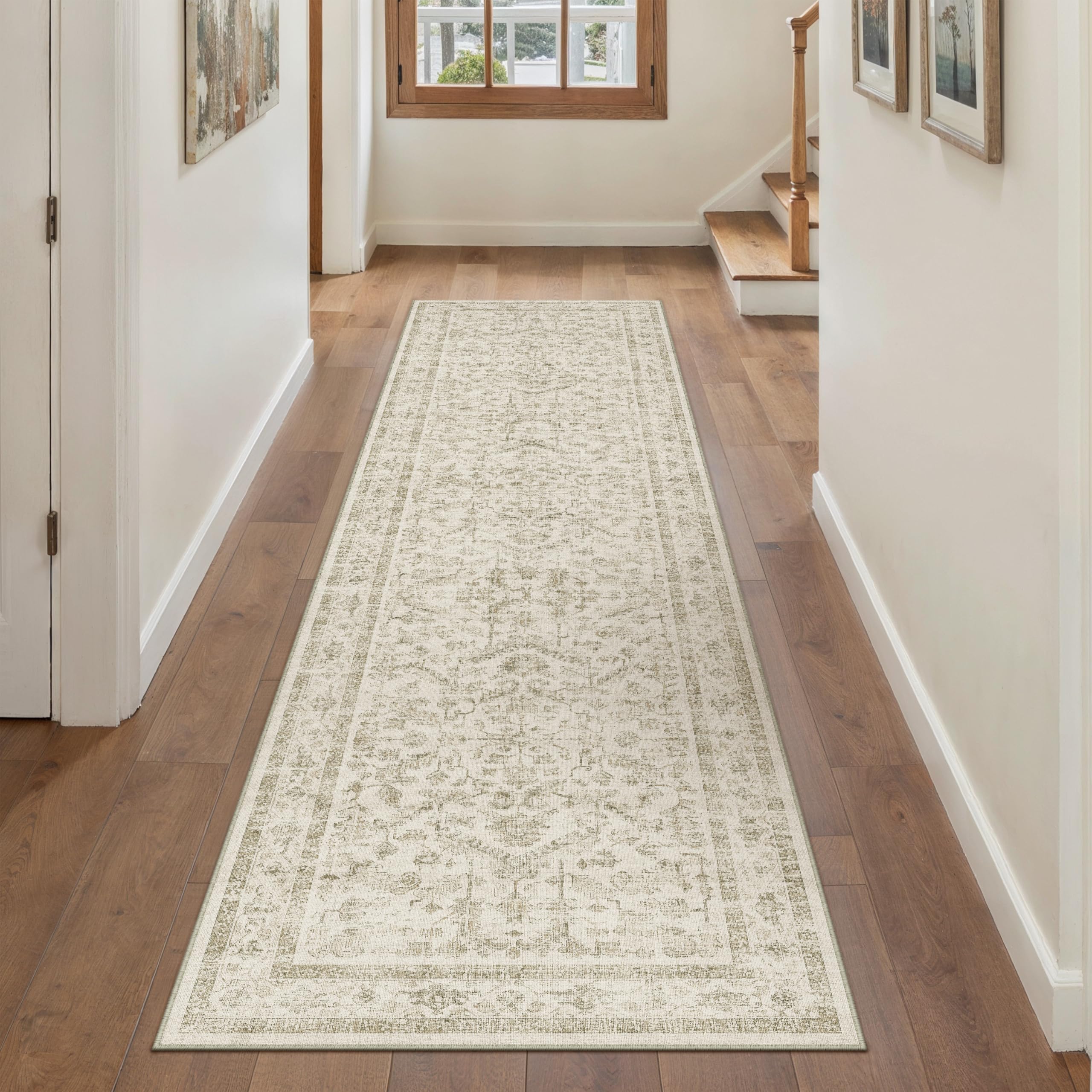 PureCozy Vintage Washable Beige Hallway Runner Rug 60x240cm Hall Runner Long Area Rugs Non Slip Soft Carpet Kitchen Bedroom Bedside Dining Room Office Indoor Low Pile Carpets