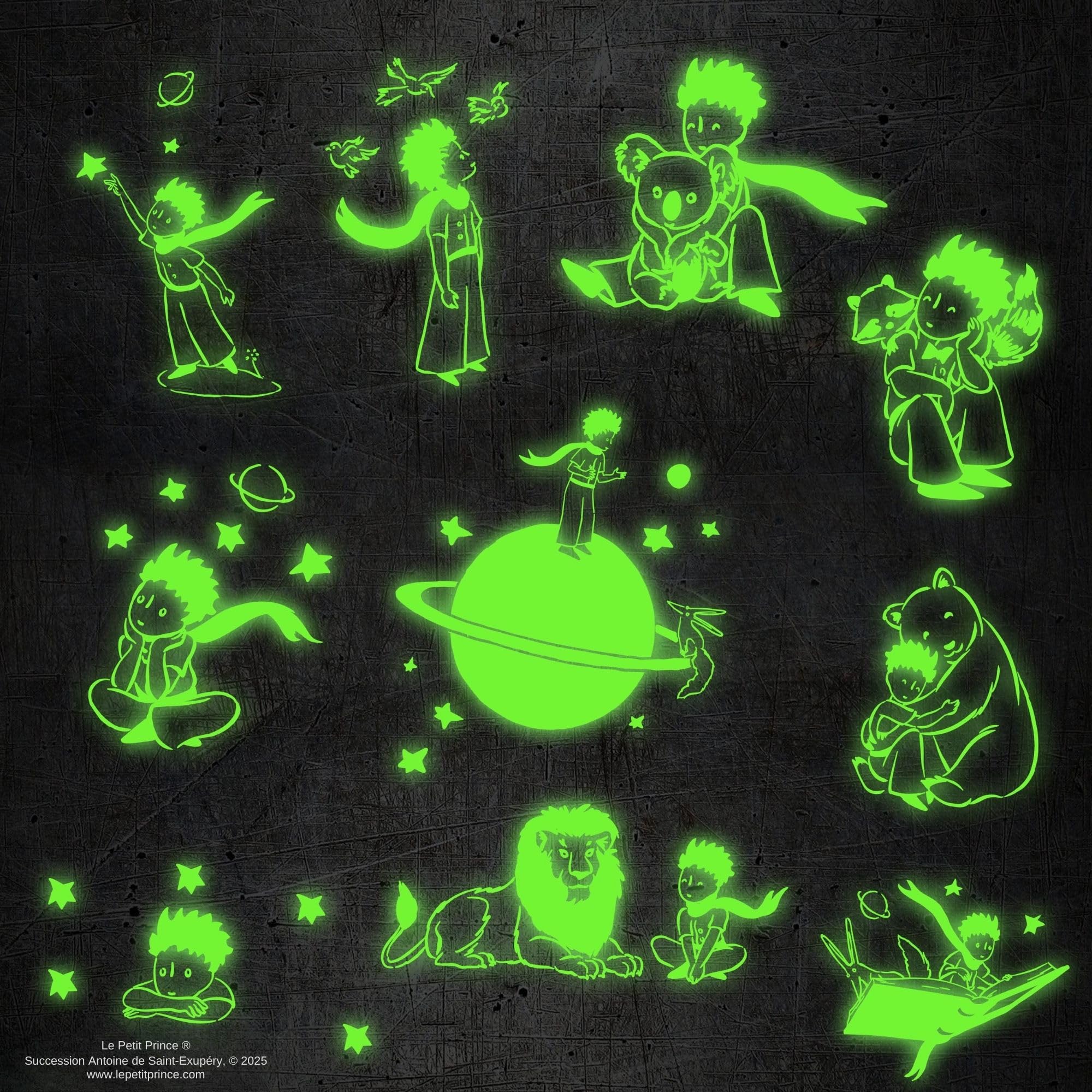 Cinereplicas Le Petit Prince – Set d’Autocollants Phosphorescents – 152 Stickers – Pour carnets, ordinateurs, murs, plafonds – Licence Officielle