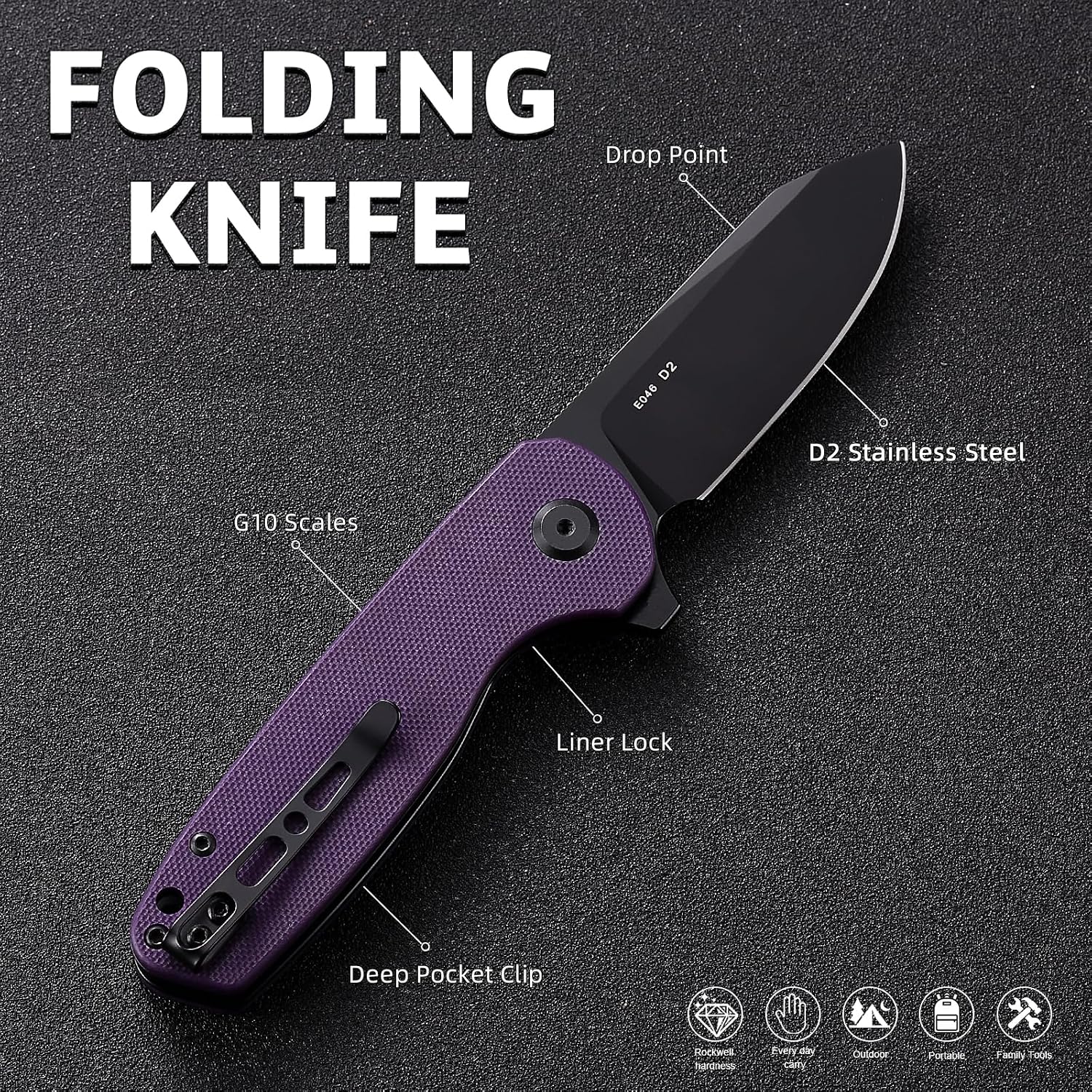 Pocket Folding Knife with Clip: 2.95" D2 Steel Drop Point Blade, G10 Scales, Flipper Liner Lock, EDC Gifts for Men Women Camping Hiking Small Knives E046, Purple