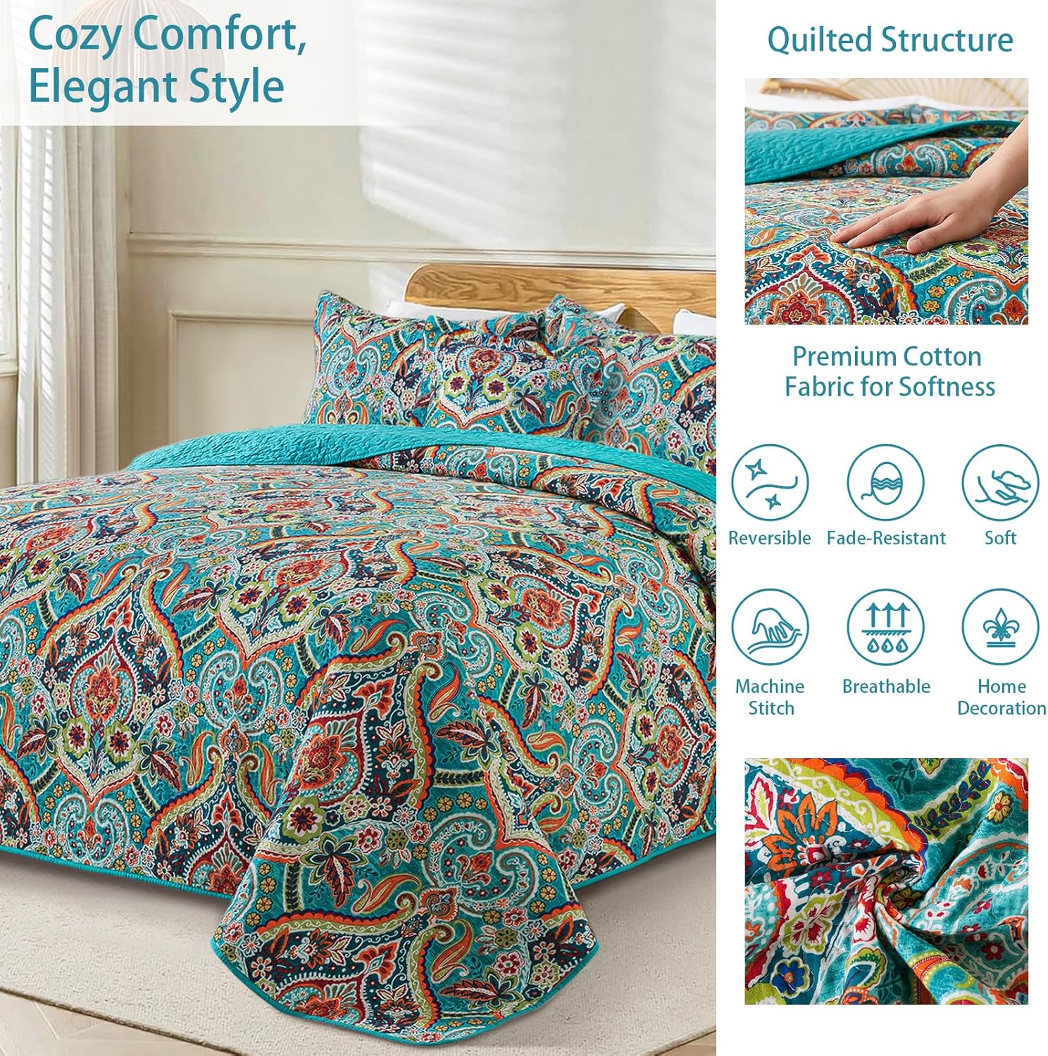 TWINRUN Cotton Quilt King, 3 Pieces Cotton King Quilt Bedding Set (98 x 106 Inch) for Fall Bedding, Lightweight Bedspreads King Size for Bed, Floral Coverlet for All Seasons - Image 2