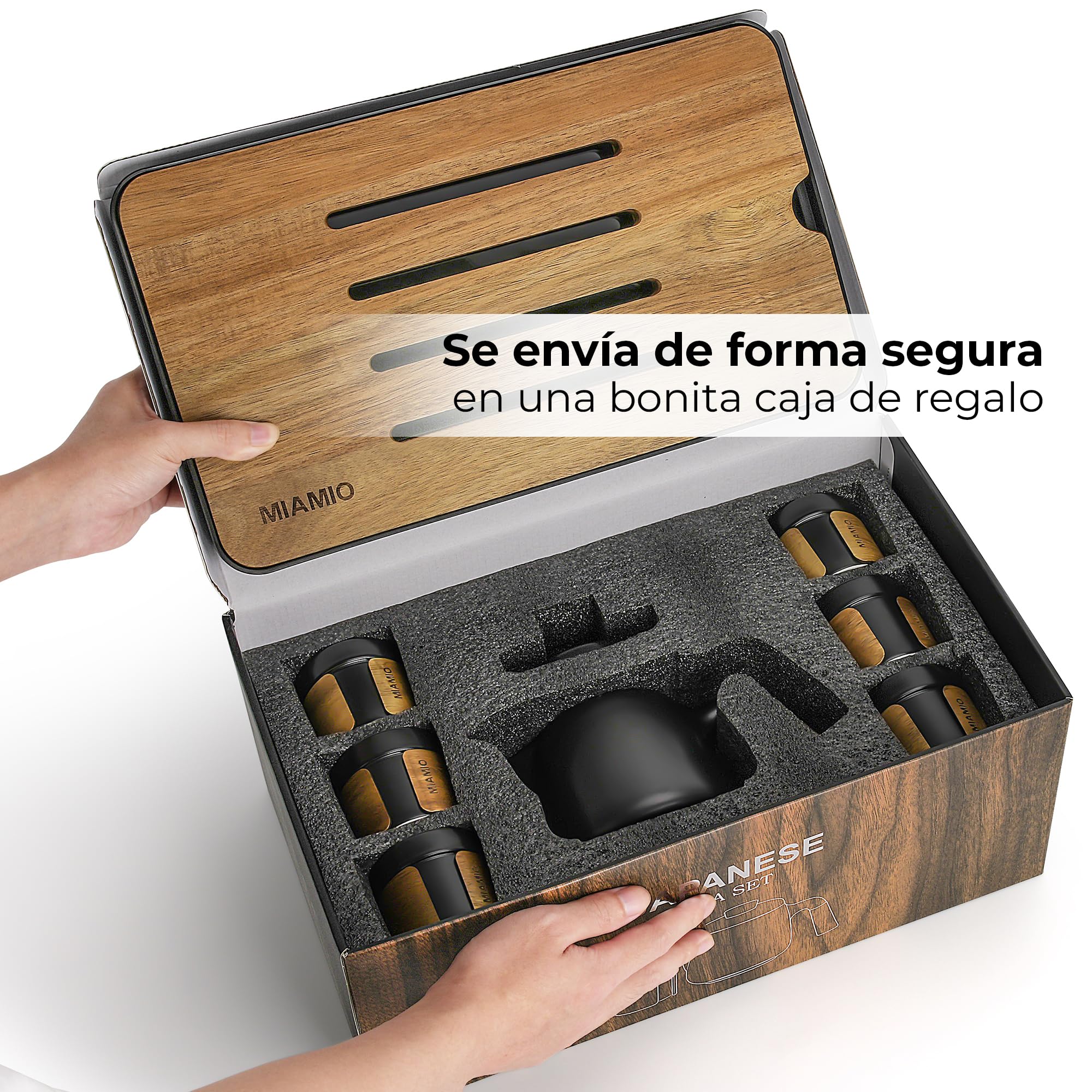 MIAMIO - Juego de té japonés/chino 6 x 100 ml/Tetera asiática de 620 ml con infusor para té, Juego de tazas para té tradicional japonés para amantes del té/hombres/mujeres (Negro)