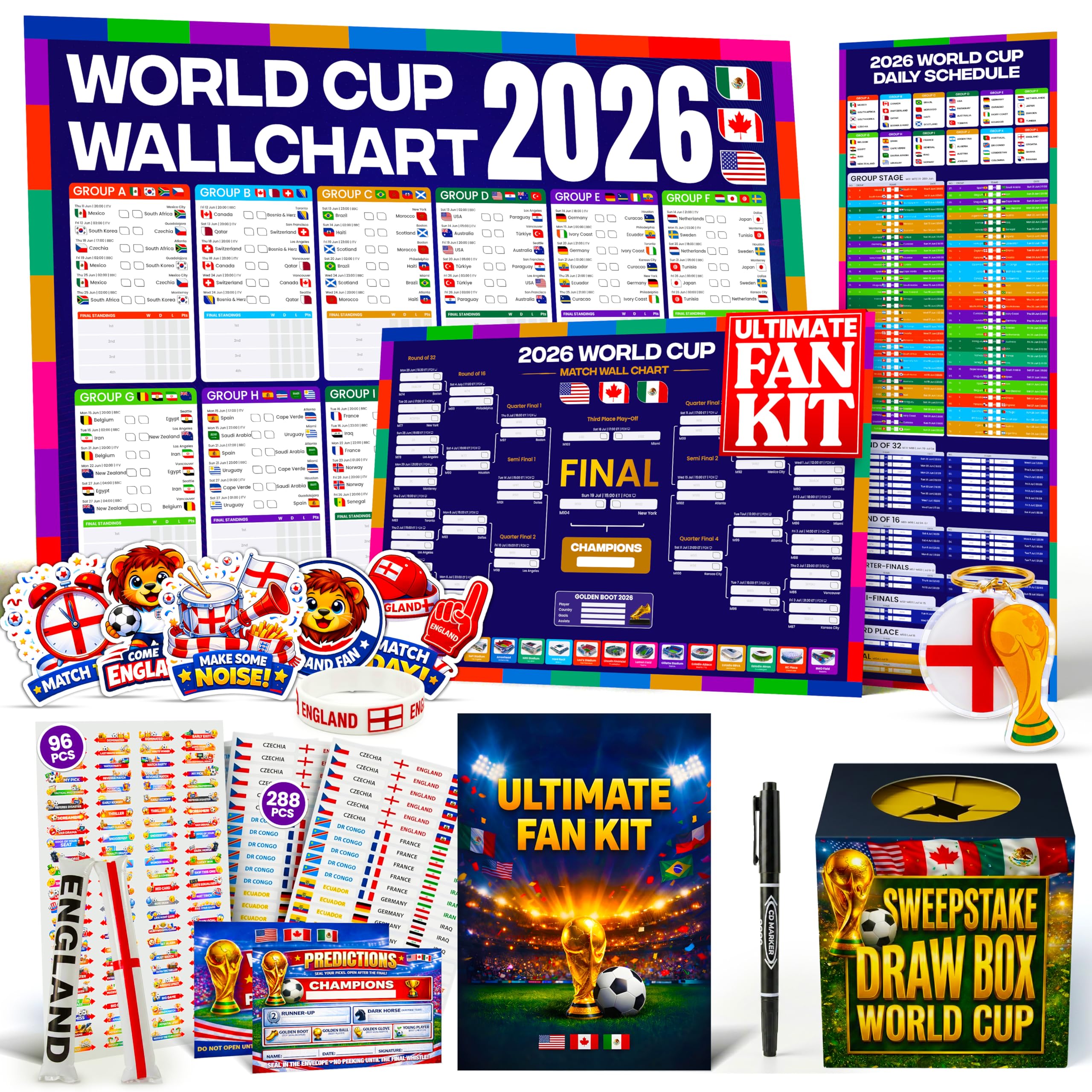 World Cup Wall Chart 2026 Ultimate Fan Kit (England Edition) – A1 Football Championship Wall Planner, Match Schedule Poster, 288 Country Stickers, 96 Action Stickers, Sweepstake Kit, Predictions Cards — image 1