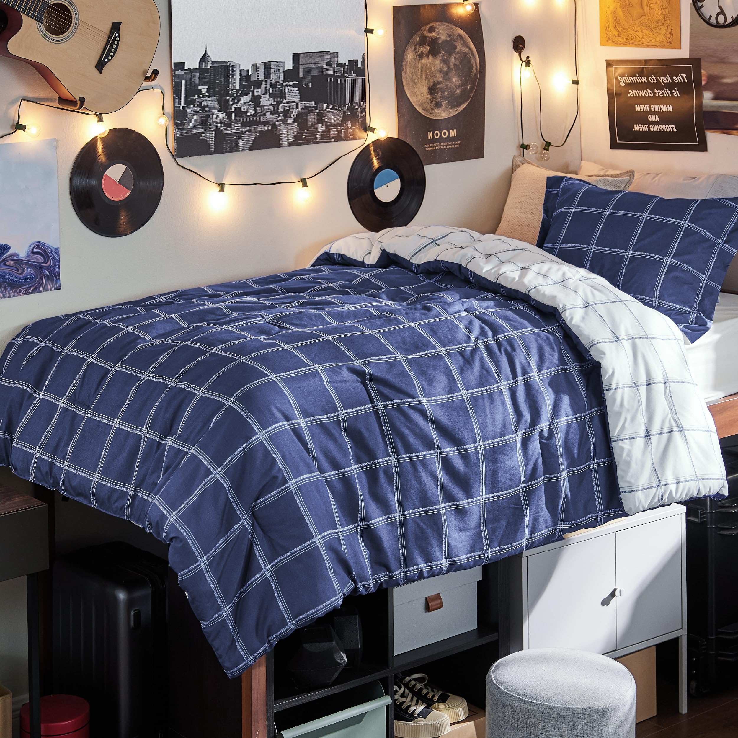 Bedsure Twin Extra Long Comforter Set Dorm Bedding - Twin/Twin XL Plaid Comforter Set, Reversible Navy Grid Bedding Set, 2 Pieces, Includes 1 Comforter (68"x92") and 1 Pillow Sham (20"x26"+2")