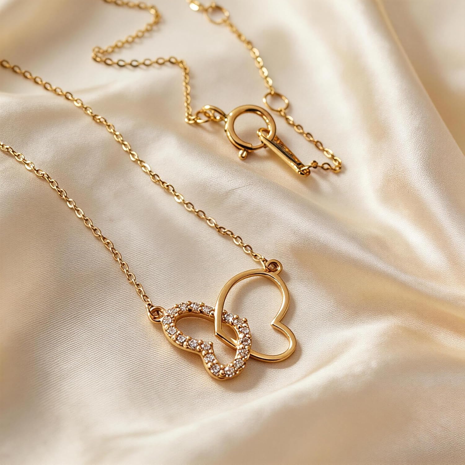 14K Gold Plated Dainty Butterfly Heart Necklace for Women, 925 Sterling Silver White Cubic Zirconia Double Love Heart Interlocking Pendant Necklace to Daughter Mother Hypoallergenic Spring Jewelry Gifts for Her Wedding Mothers Day
