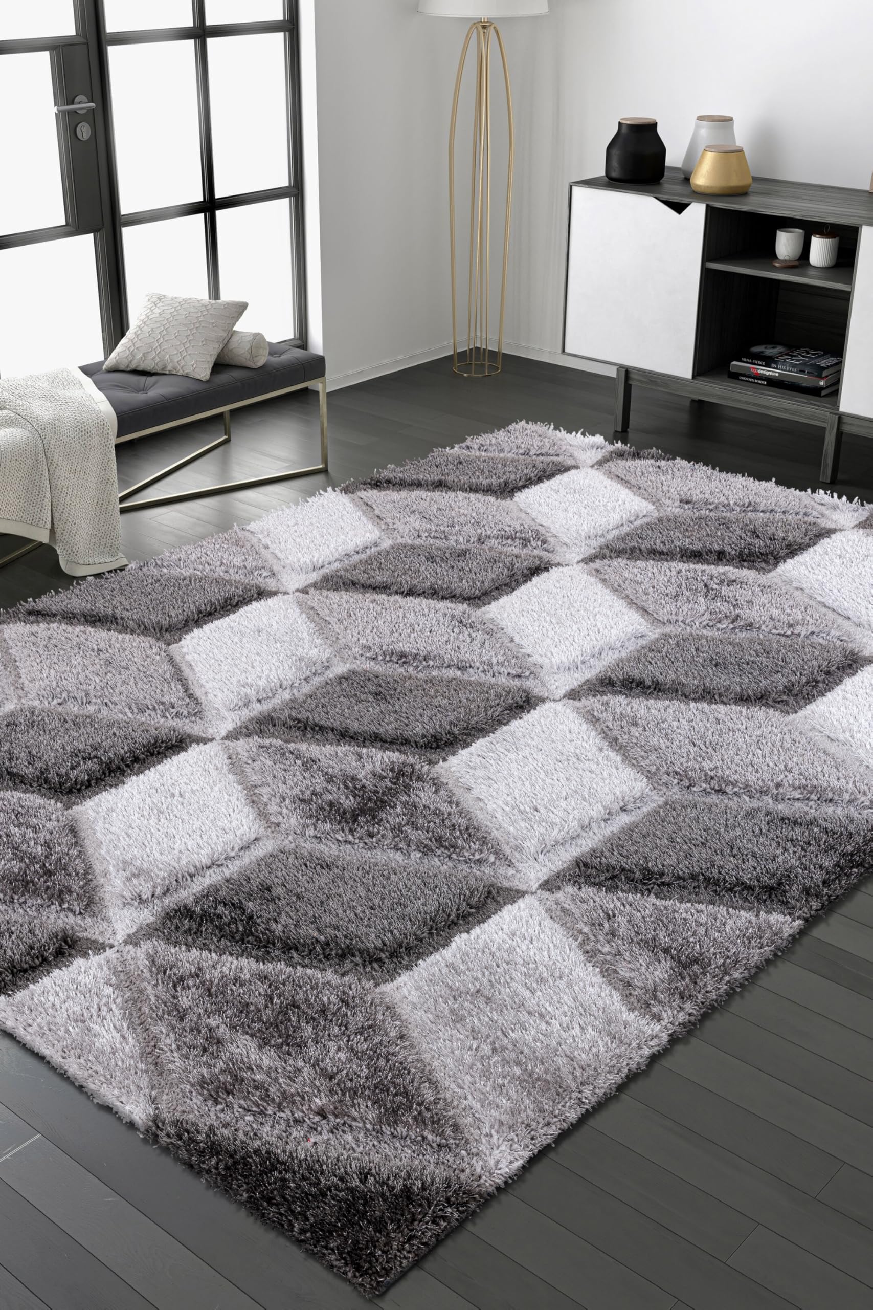 SHAZ HOME Classic Designers Luxury Shimmer Shaggy Rug Soft Thick Pile Large Area Rug for Living Room Bedroom Hallway Runner Rug Door Mat Floor Mats (Grey, 80 x 150 cm)