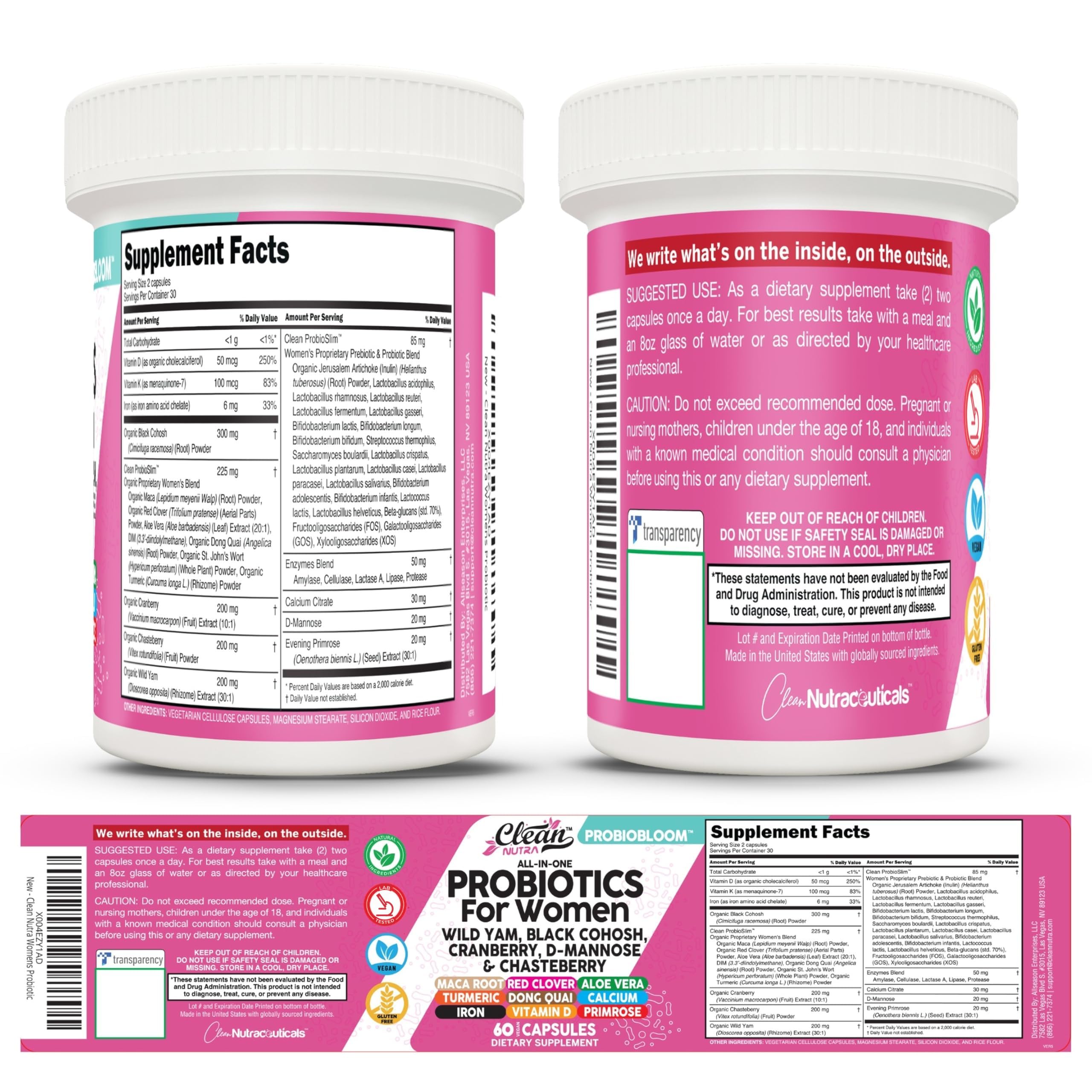 Clean Nutraceuticals Probiotics for Women with D Mannose, Cranberry Extract, Wild Yam, Chasteberry - 20 Probiotic and Prebiotic Strains - PH Balance, Womens Probiotic for Digestive Health - 60 Count — Amazon image 9