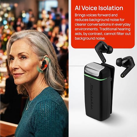 Studebaker AI Hearing System - 2 Clip-On Mics, 2 Earbuds, AI Processor, TV Base, 7-Step Volume Control & Rechargeable Device