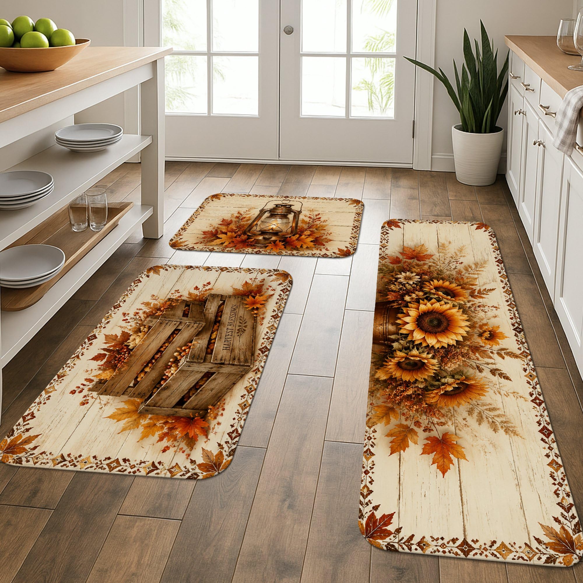 Tapis de cuisine confortable et lavable en machine lot de 3 décor feuilles d'automne