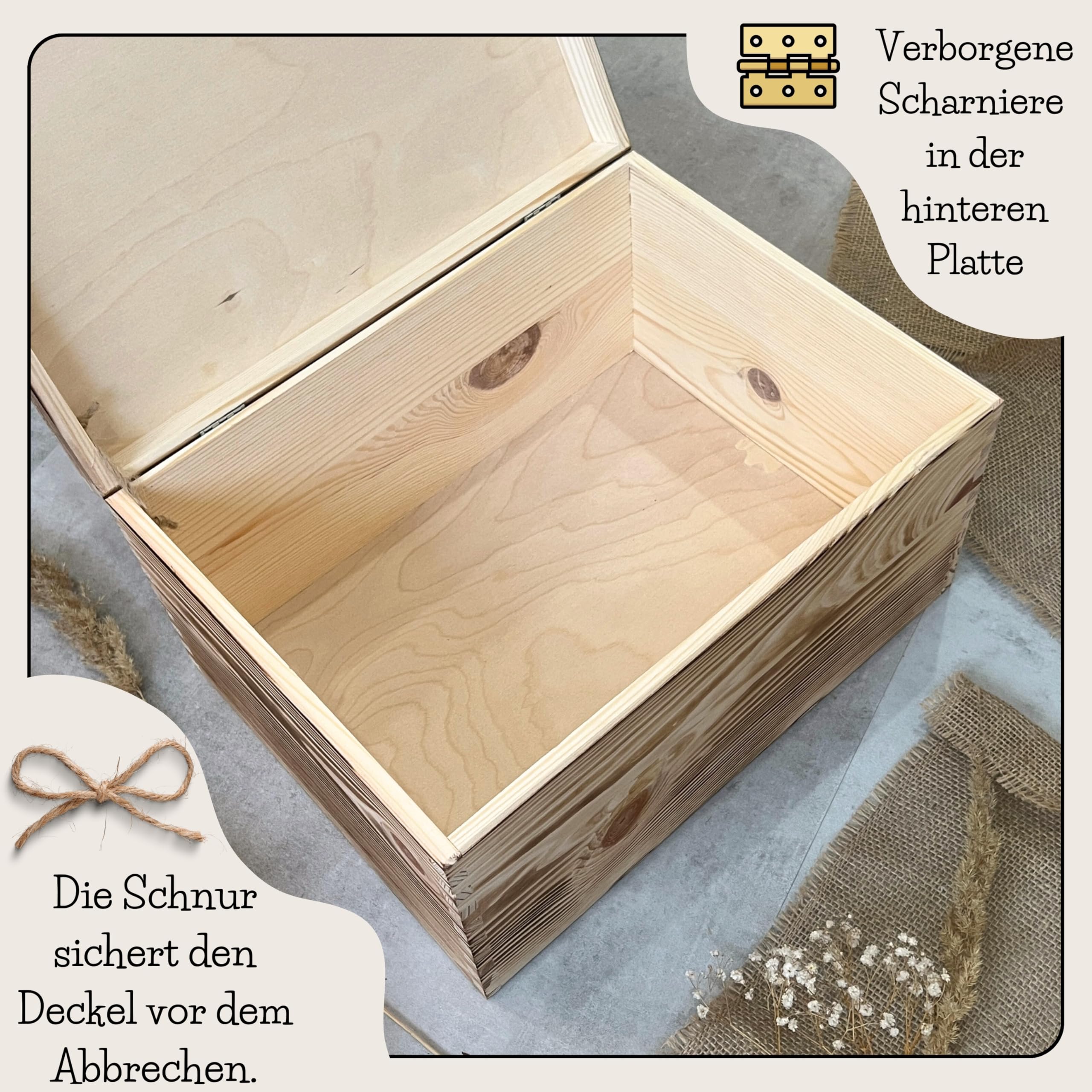 WoodGall Holzkiste mit Deckel beschreibbar – 40x30x22 cm – Geflammte Aufbewahrungskiste aus massivem Kiefernholz mit schwarzem Kreidetafel-Deckel Küche, Haushalt & Wohnen