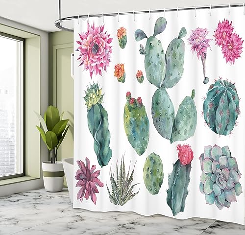 Miniatura 4 de Ambesonne Cortina de ducha de naturaleza, diseño botánico del desierto de dibujos animados de plantas de cactus con estampado de picos, juego de
